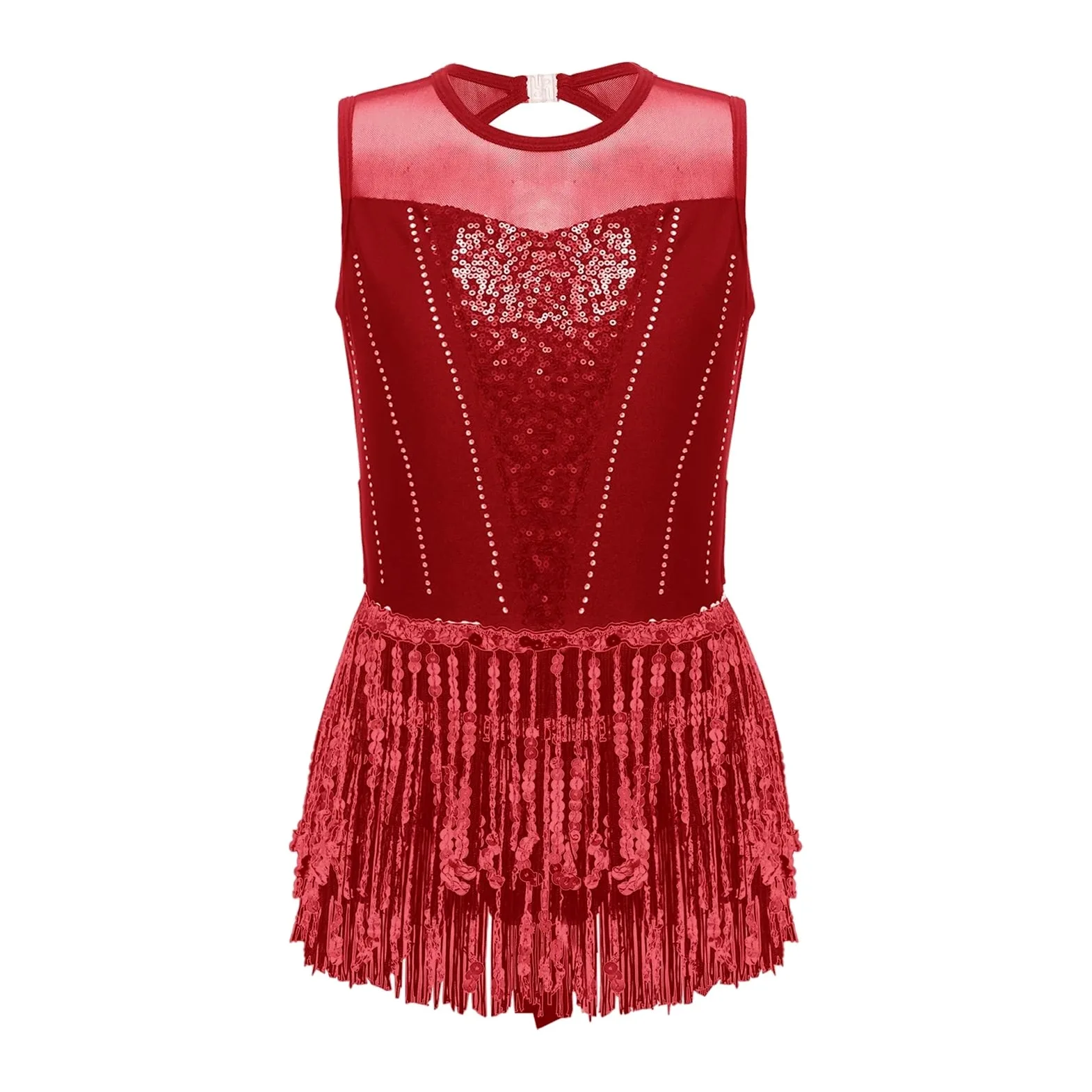 Vestido de Patinaje Artístico Vestido de malla for baile latino, sin mangas, con lentejuelas y borlas de diamantes de imitación, for patinaje artístico, samba, tango, cha-cha.