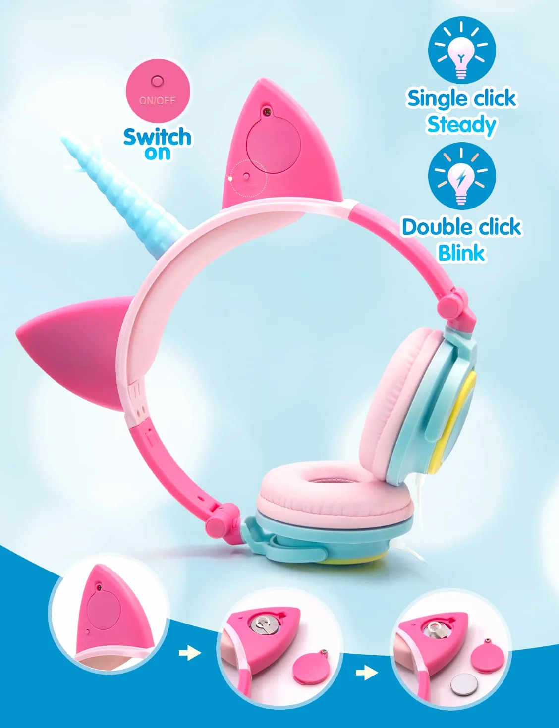 ONTA Auriculares para Niños con Orejas de Gato Iluminados con LED Plegables sobre Oído, Auriculares Resplandor Unicornio para Niños para la Escuela, la Casa, Cable Sin Enredos (Polvo Azul)