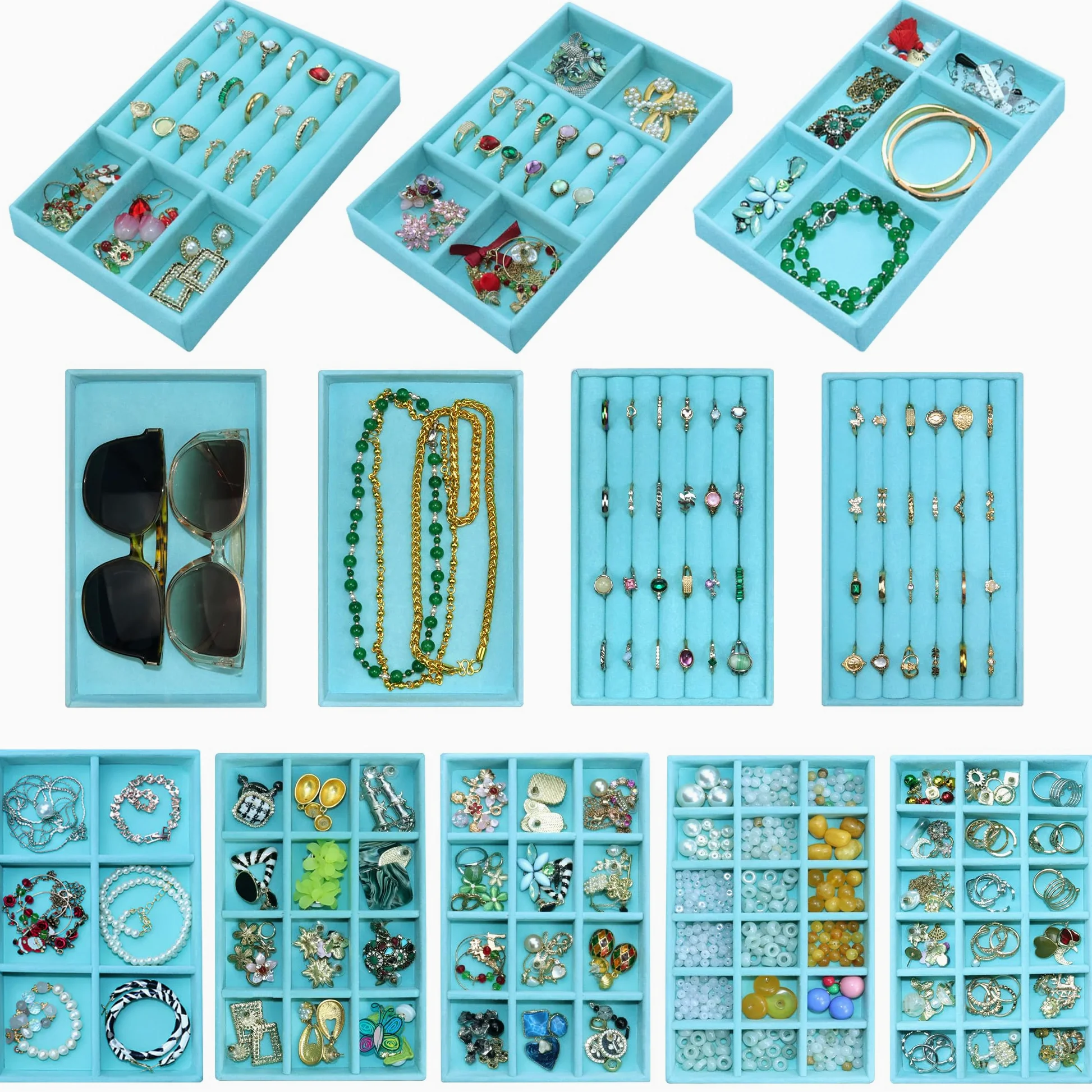 12 bandejas de terciopelo para joyas, organizador de joyas, collares, pulseras, pendientes, anillos, broches, relojes, color azul