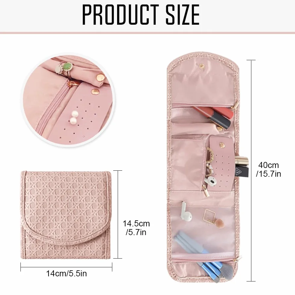 Bolsa de rodillos para joyas, organizador de viaje, piel sintética, almacenamiento para pendientes, rosa
