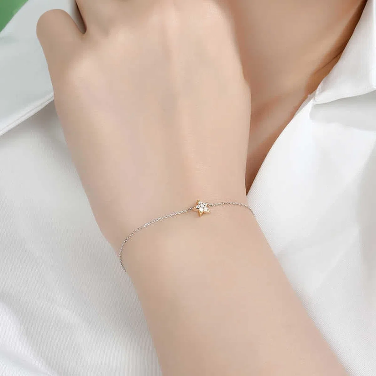 Pulseras de moda para mujer, pulsera de promesa con diamantes blancos de 0,08 quilates, cadena de estrella de oro amarillo y oro blanco