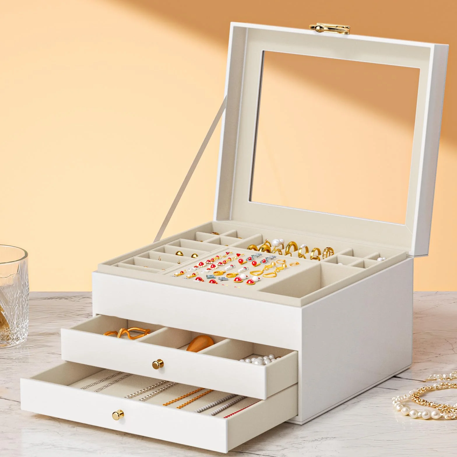 Caja Grande para Joyas 3 Niveles 24 Compartimentos Organizador de Anillos Collares y Pendientes con Tapa Transparente Blanco Mate