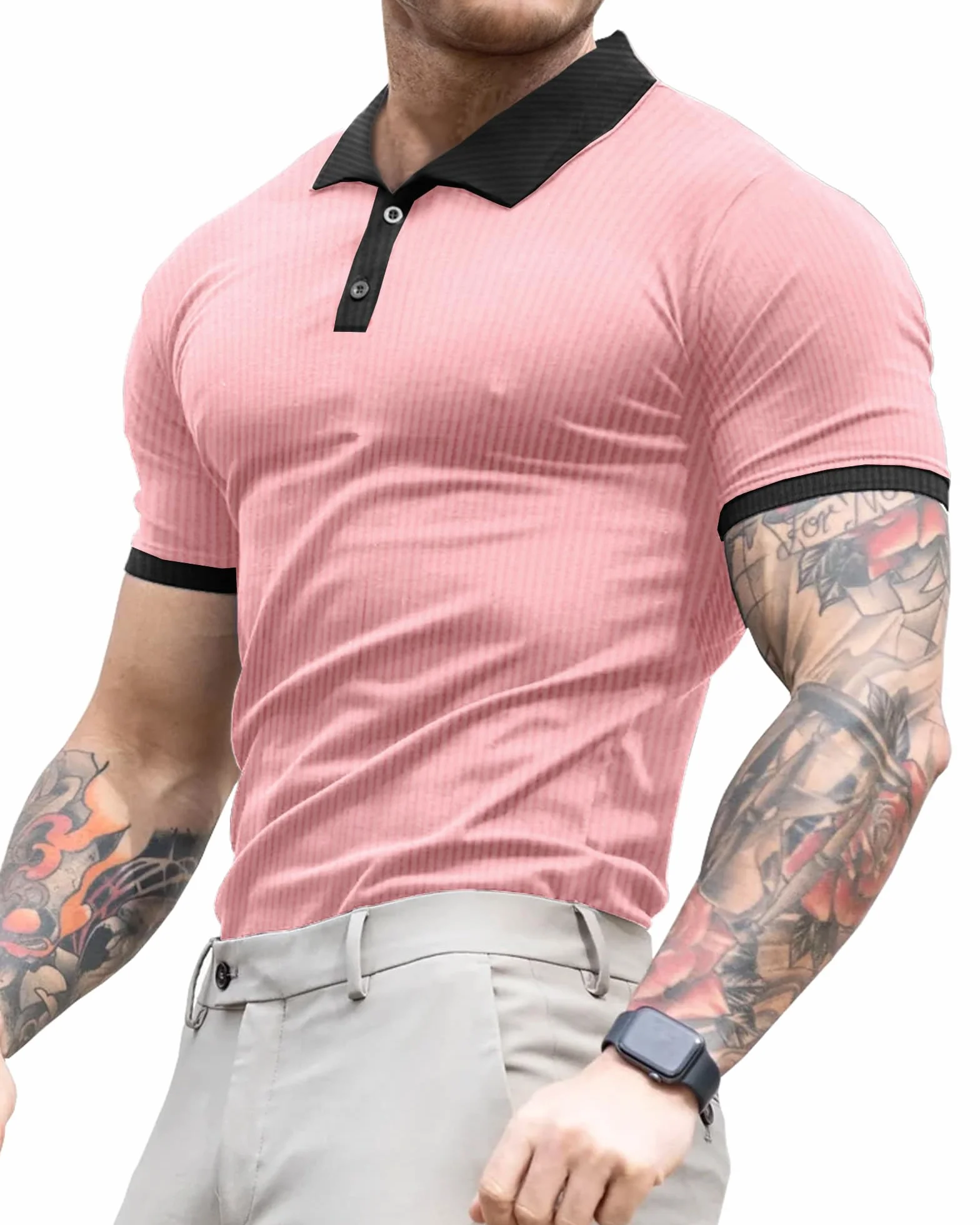 Camiseta Hombre Slim Fit Manga Larga Corta Color Sólido Elástica Golf