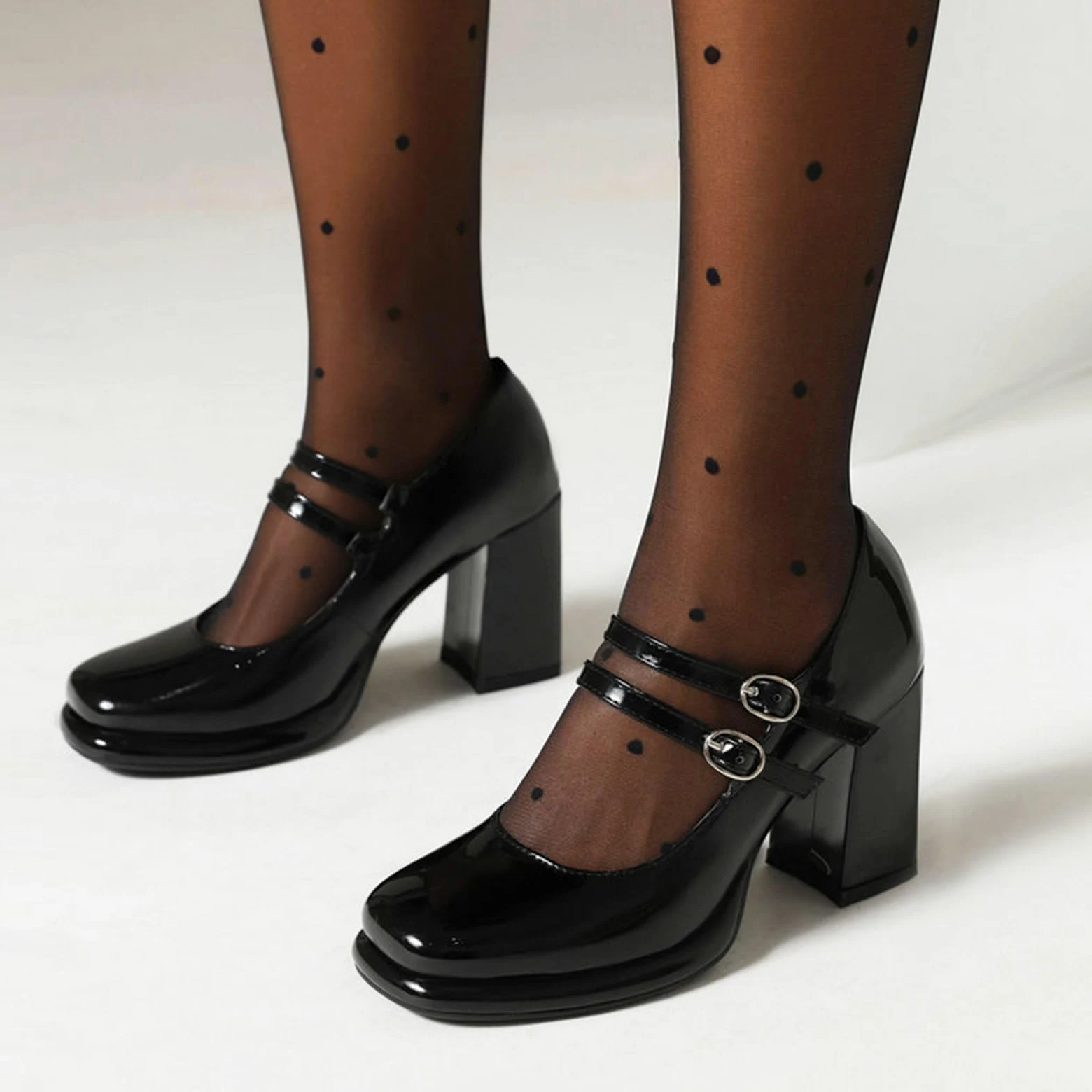 Mujer Punta Cuadrada Zapatos Mary Jane Charol Correa De Tobillo Plataforma Bombas Tacón Ancho Zapatos de Trabajo