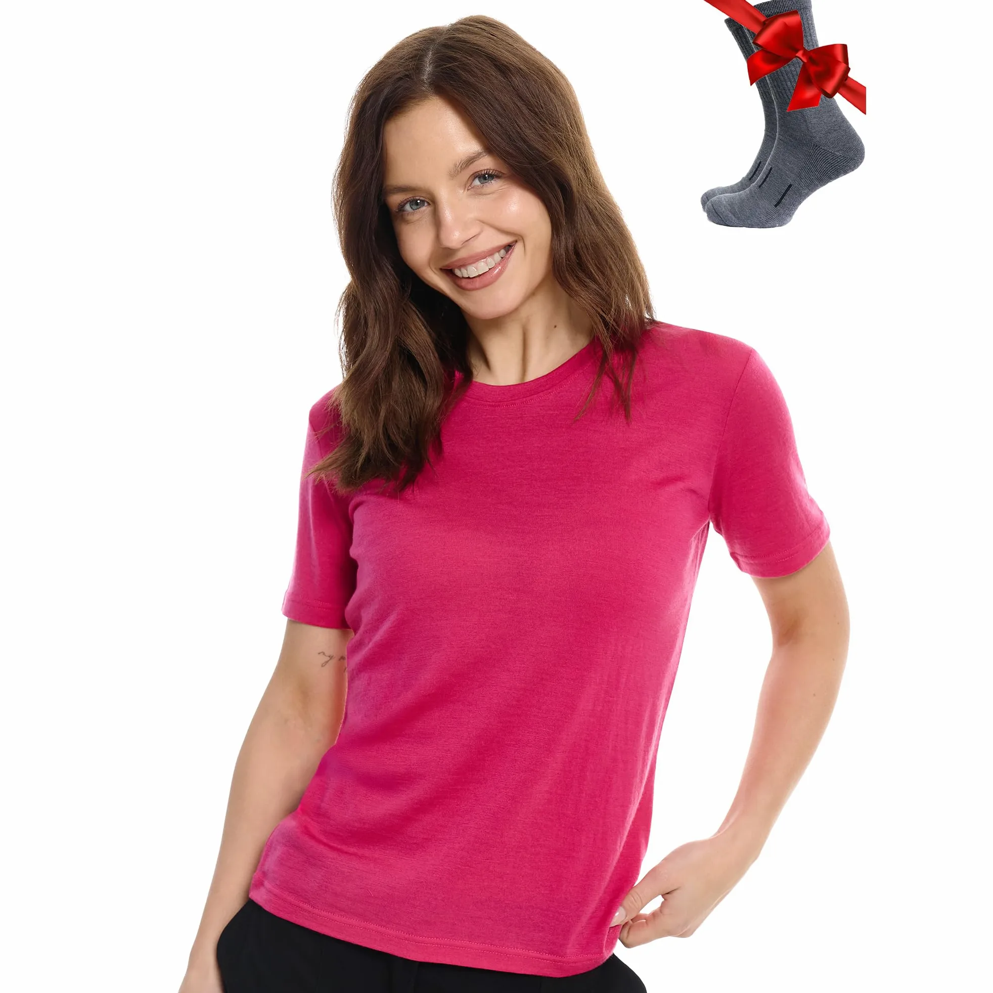 Merino.tech Camiseta Lana Merino Mujer — 100% Merino Lana Camiseta Interior Mujer con Calcetines (Small, Magenta Crewneck)