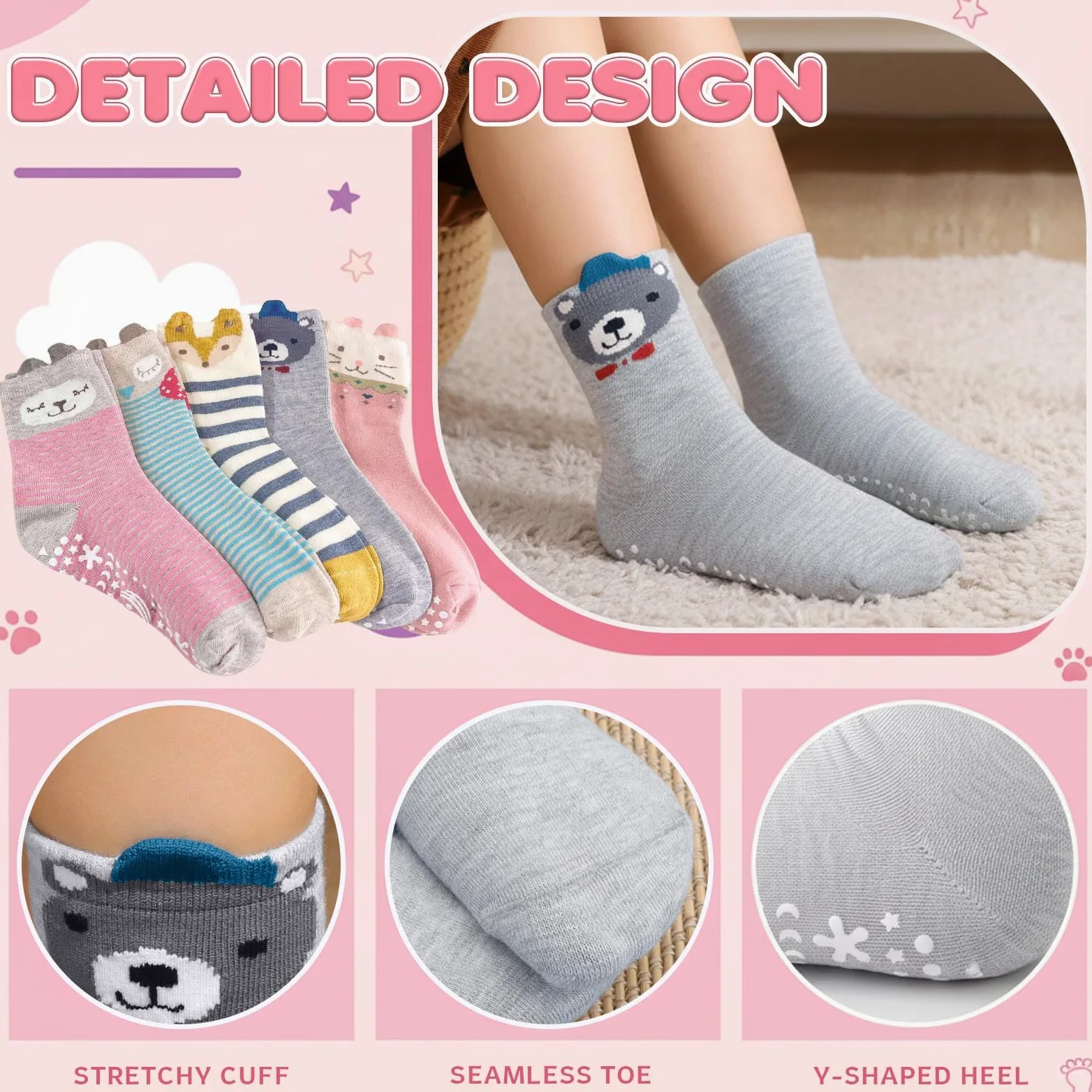 Hellomamma Calcetines antideslizantes de algodón para niños pequeños, calcetines de animales lindos con agarres antideslizantes para niños y niñas