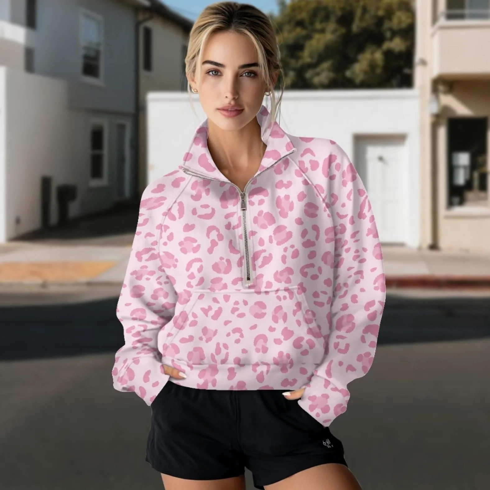 Poceacles Sudadera corta con media cremallera para mujer, con agujero para el pulgar, manga larga, sin capucha, cuello alto falso