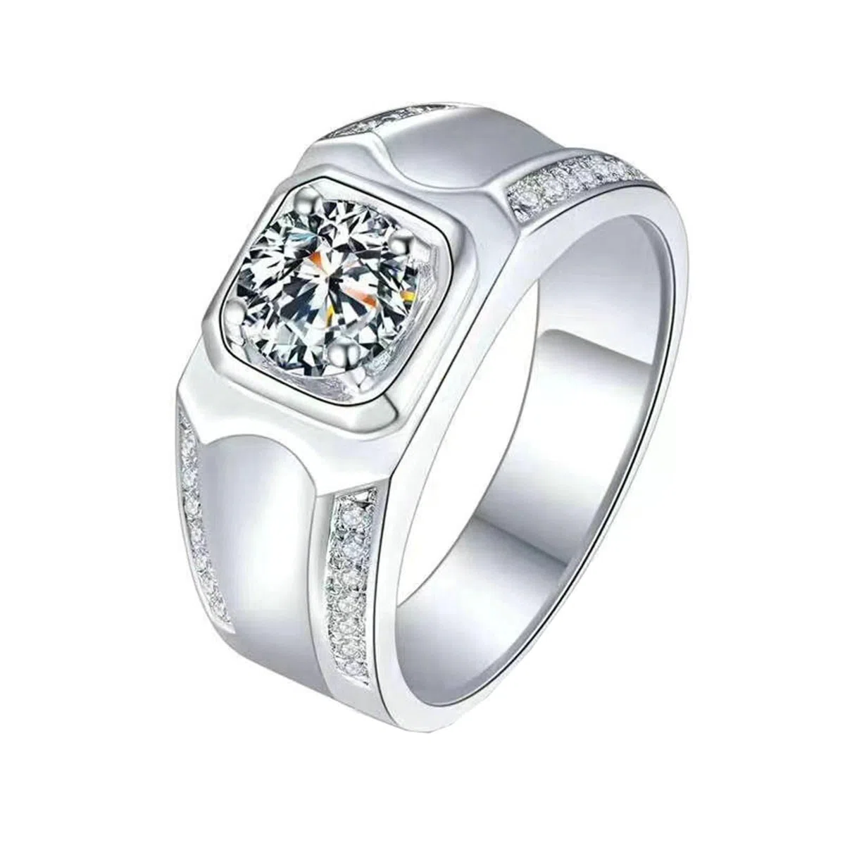 Anillos de compromiso para hombre, de oro blanco de 14 quilates, 4 capas, 1 quilate, redondo, moissanita, plata, talla 52 (16,6)