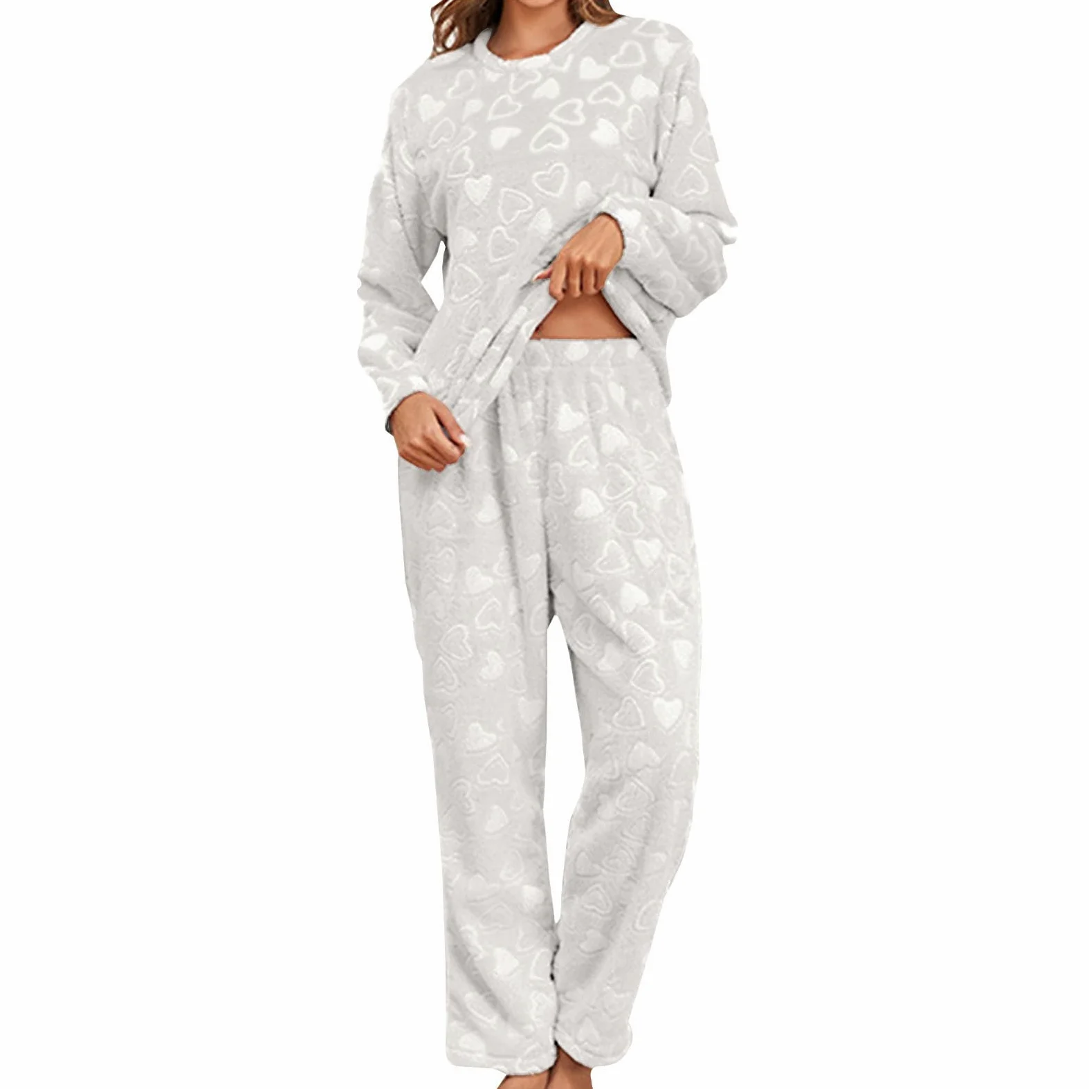 2024 Pijama Mujer Invierno,Pijama Franela Mujer Felpa Conjunto de Camiseta Manga Larga y Pantalon Largo Suave Ropa Casa con Patrón de Corazón Cálido Cómodo Ropa de Dormir Pijama Mujer Forro Polar