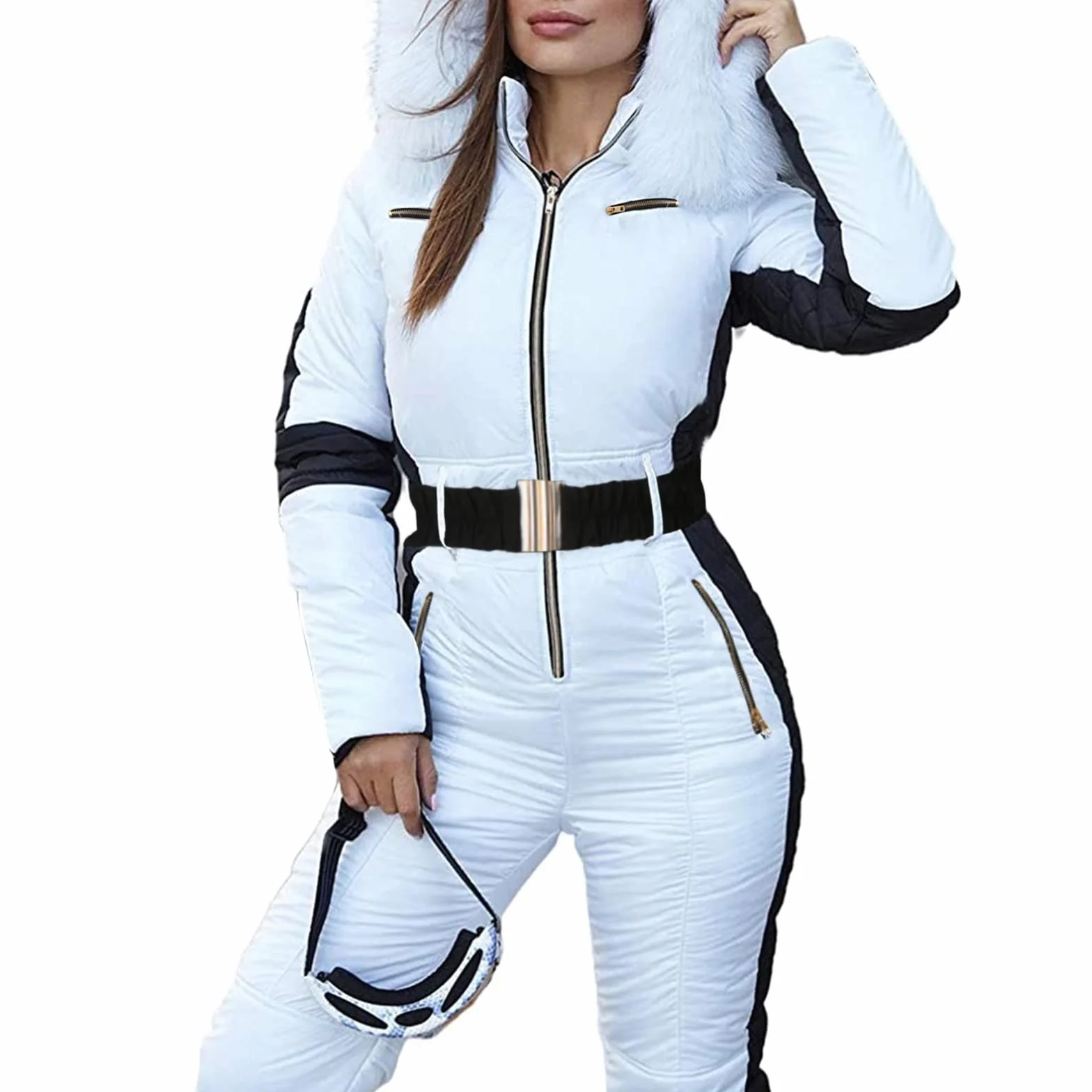 Mono de esquí para mujer, impermeable, cortaviento, traje de nieve largo con capucha y cremallera