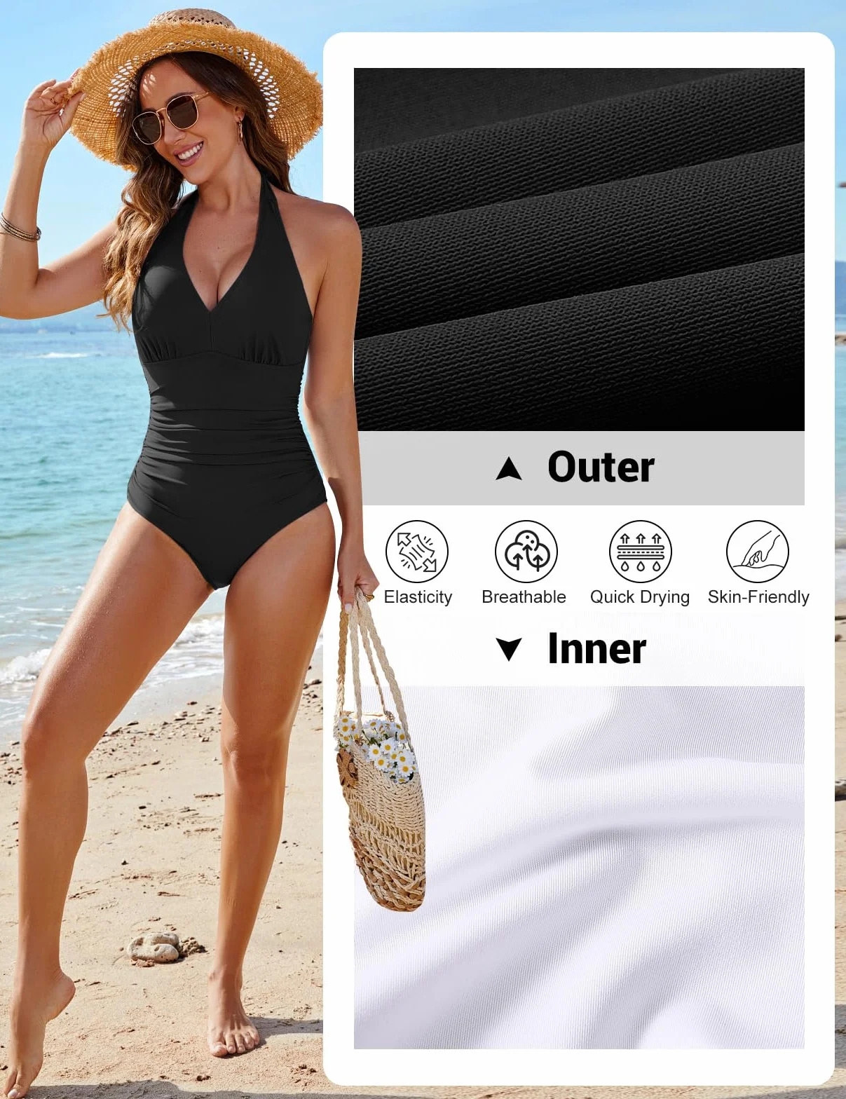 CMTOP Bañadores Mujer Reductores Push Up Acolchado Traje de Baño Una Pieza Cuello en V Vientre Plano Ropa de Playa Control de Abdomen Monokini Fruncido Trajes Baño 1 Pieza con Aros