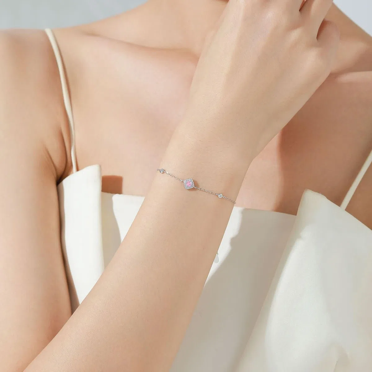 Pulsera Mujer de Oro Blanco de 9Kilates / 14Kilates / 18Kilates, Rombo y Redondo con Diamante Creado y Moissanita, Cadena Extensible 16 CM + 5 CM, Pulseras Ajustable Mujer Plata Rosa