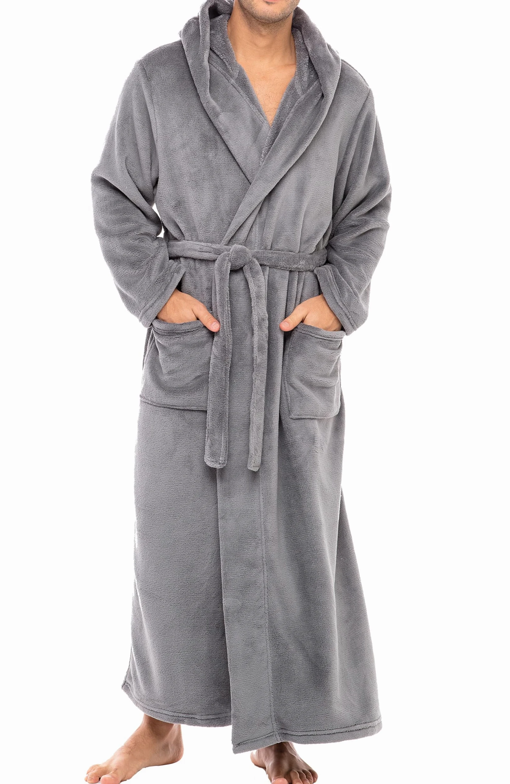 Alexander Del Rossa Bata de felpa para hombre con capucha, batas grandes y altas para hombre, bata de forro polar sherpa para hombre