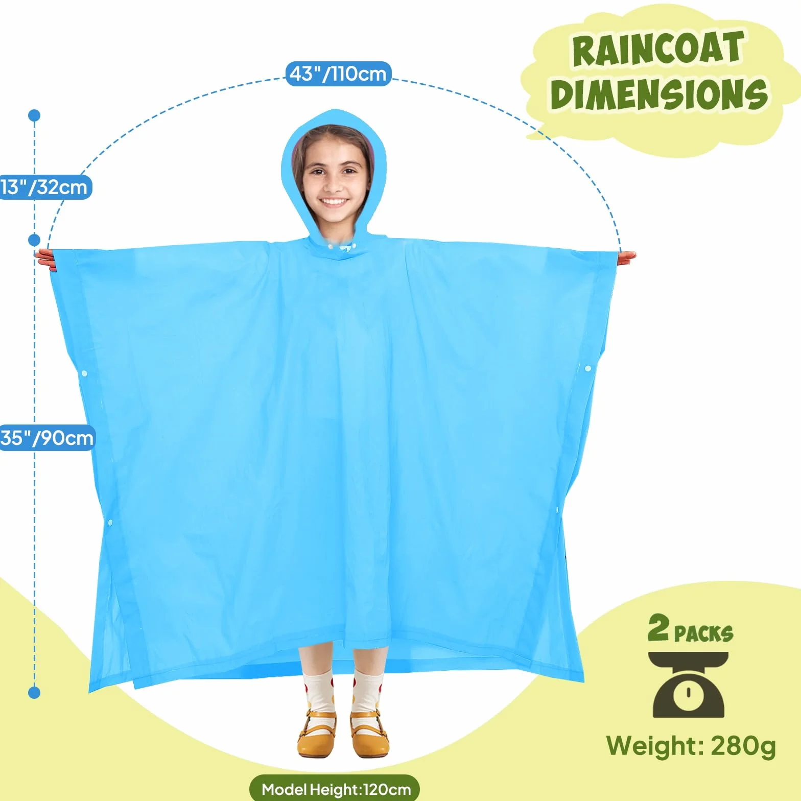 ANYOO Poncho lluvia impermeable niños 2 capas PEVA capucha grande 100-150 cm