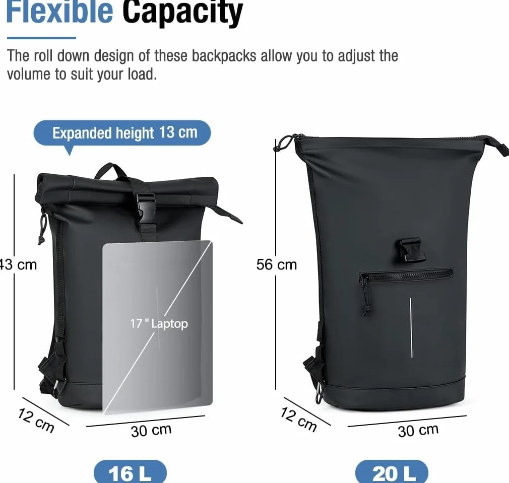 Lekeinchi Mochila Enrollable para Hombre, Mochila Impermeable Mujer para Portátil 17 Pulgadas, Elegante mochila de Viaje Mochilas tipo Casual para Viajes, Ciclismo, Escuela Uni, Negro