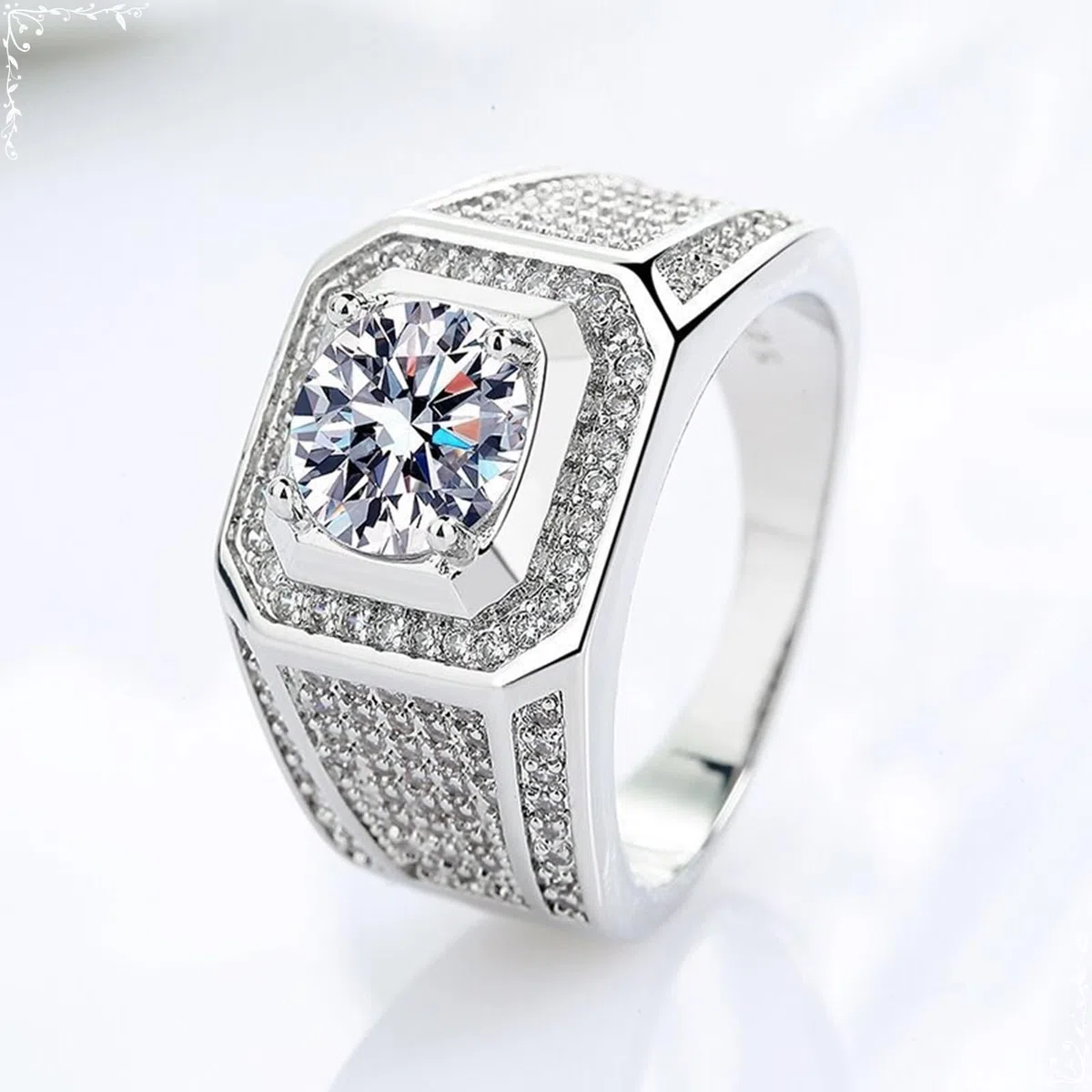 Wycian Anillo para hombre de oro blanco y mujer, plata de ley 9 K, moissanita, banda ancha con cuatro garras, tamaño 54 (17,2), moderno para madre Acción de Gracias personalizado