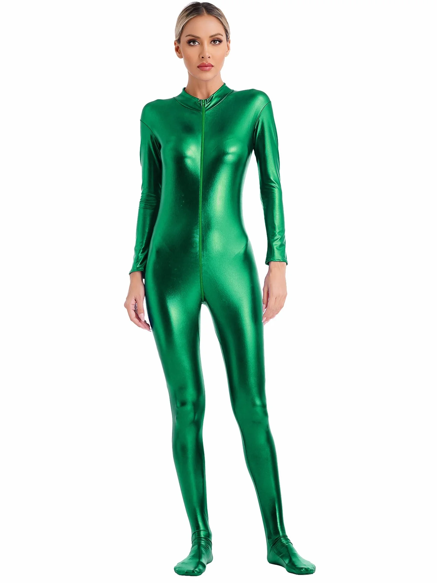 Mono de Baile Brillante de Piel de Charol para Mujer Jumpsuit Gimnasia Rítmica Deportivo
