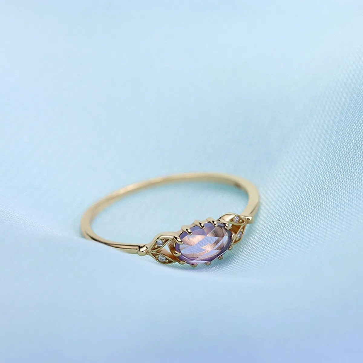 Anillo de boda oro 9 K/14 K/18 K con amatista morado ovalado, hoja vintage