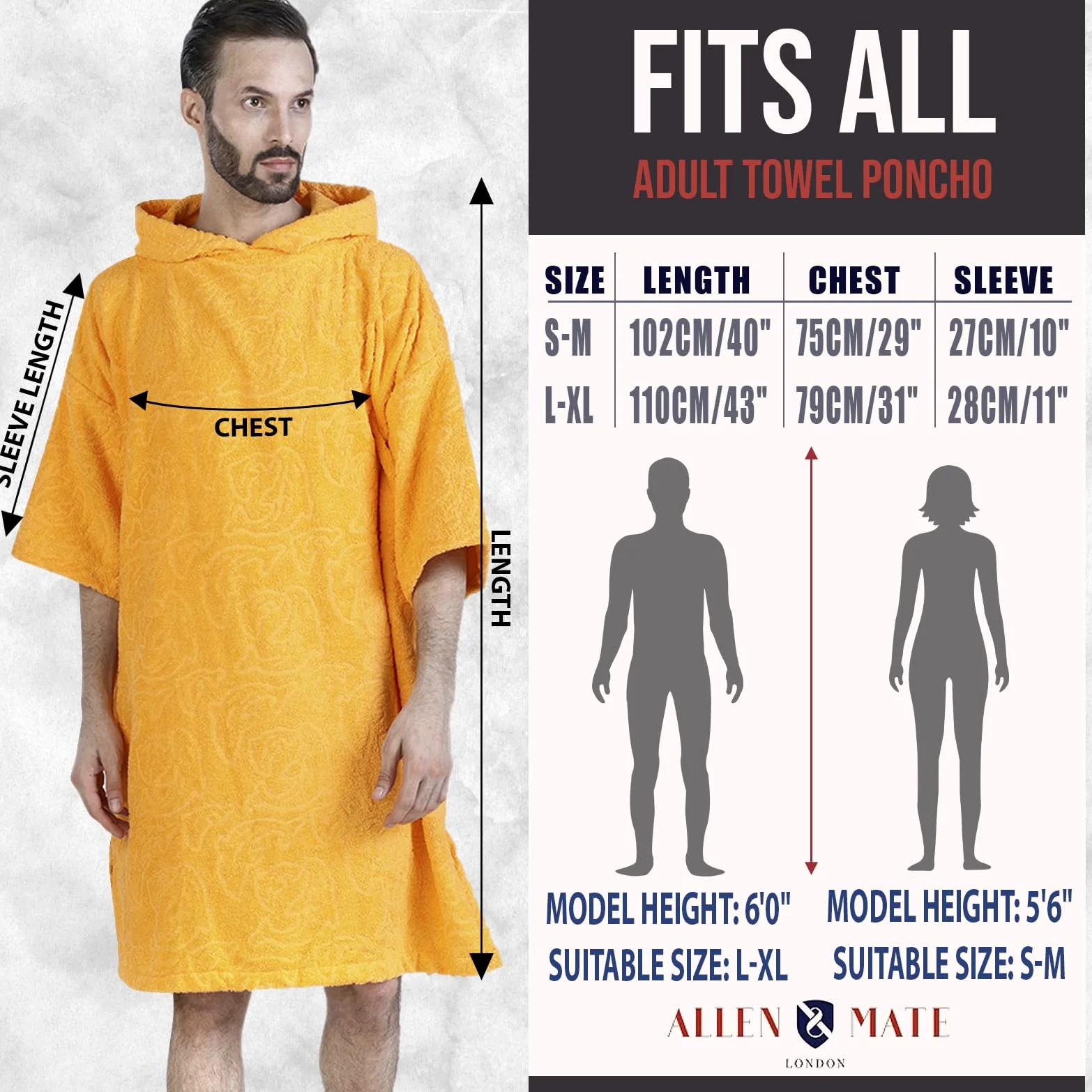 ALLEN & MATE Poncho de Toalla con Capucha para Adultos, 100% algodón de Rizo, Bata cambiadora con Capucha y Bolsillos para Playa, natación