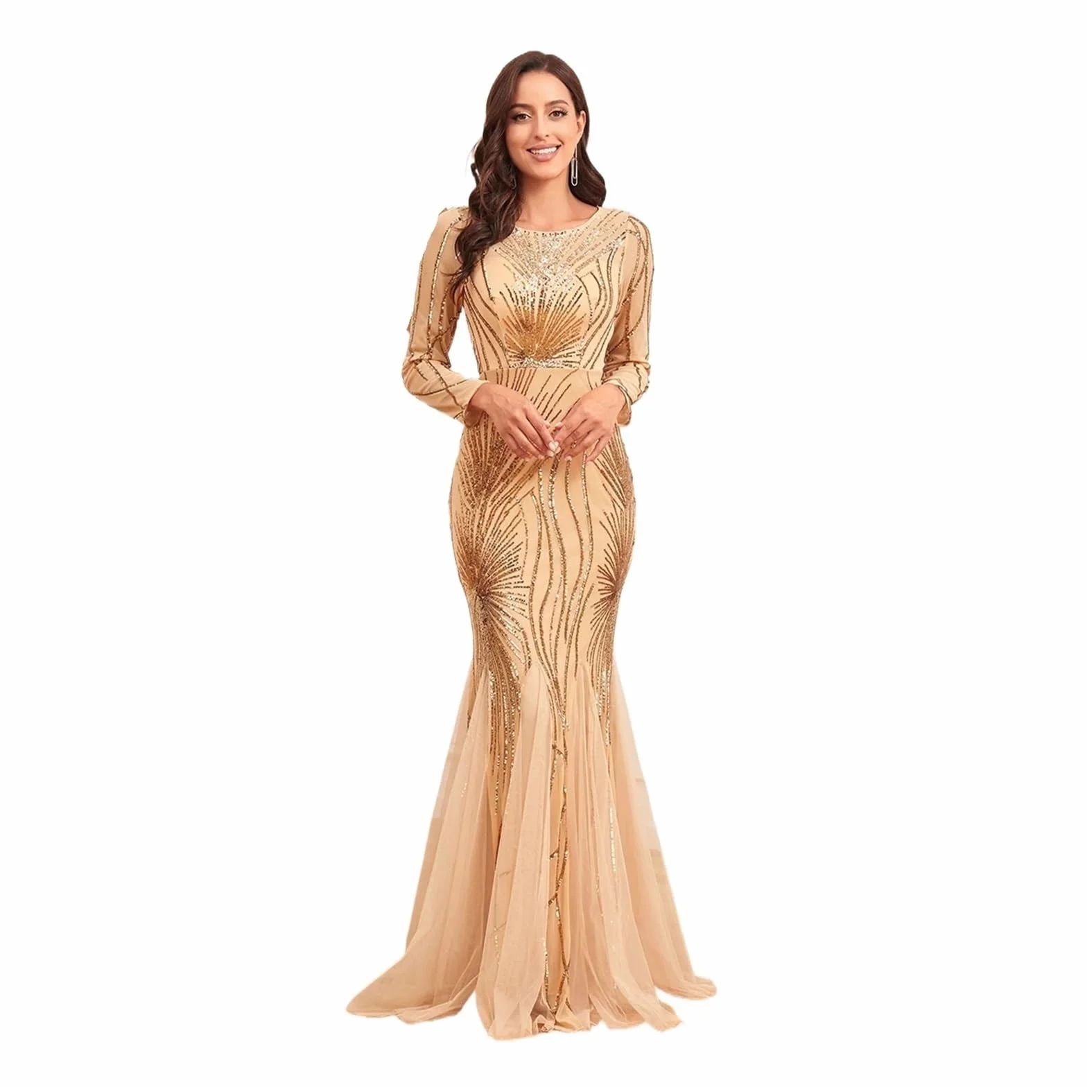 Vestido de Graduación para Mujeres Elegantes Vestidos de Noche de Tul con Lentejuelas y Mangas largas, Estilo Sirena, Formales, for Dama de Honor y Fiesta Maxi(Champagne,M)