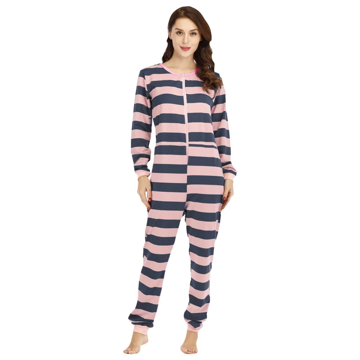 Mameluco para mujer con estampado de rayas de manga larga, cómodo pijama de algodón con cuello redondo, suave cepillado, súper suave, con cremallera, casual, para acurrucarse, disfraz de cosplay