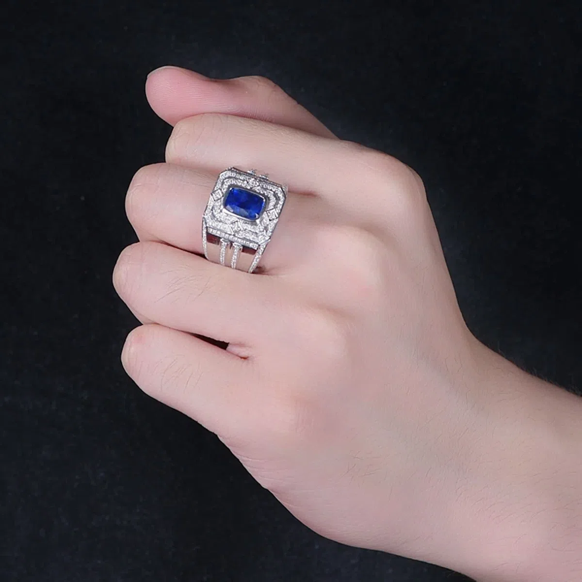 Anillo Zafiro Y Plata, Anillo Vintage Azul Oro Blanco 18K Azul Forma Rectangular Diamante Blanco para Esposo con Joyero