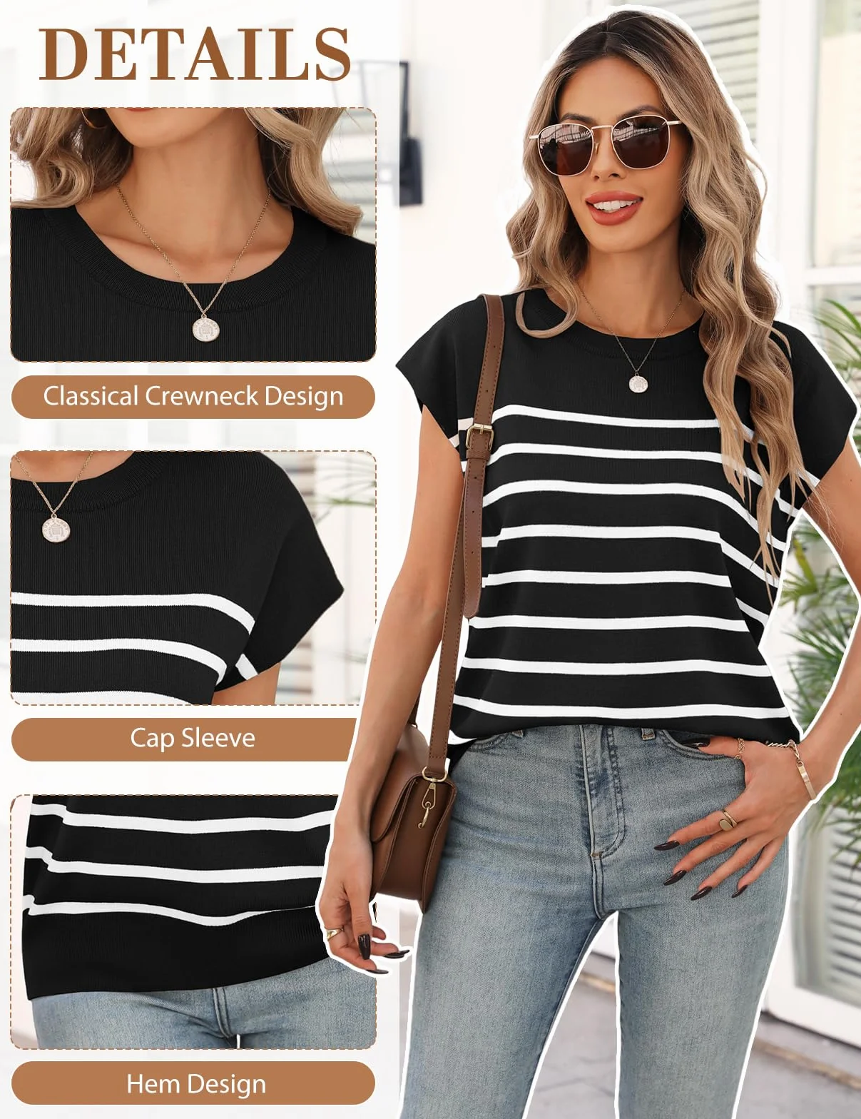 Niwicee Camisetas Manga Corta Mujer Camiseta Mujer Verano Top Mujer Tshirt de Rayas Tops con Cuello Redondo Básica Slim Fit para Mujer Top Elegantes Blusas Informales