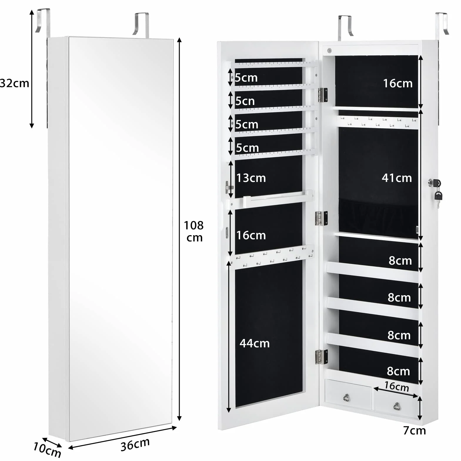 COSTWAY Armario con Espejo Joyero, Puerta LED y 2 Cajones, Cuerpo Entero para Dormitorio (Blanco)