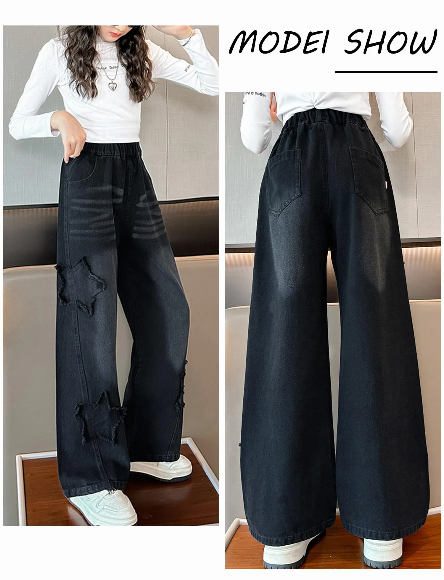 SEAUR Pantalones vaqueros para niña, pierna ancha, holgados, con cintura elástica Y2K, pantalones vaqueros con estampado de estrellas, para niños, 120-170 = (EU 110-164)