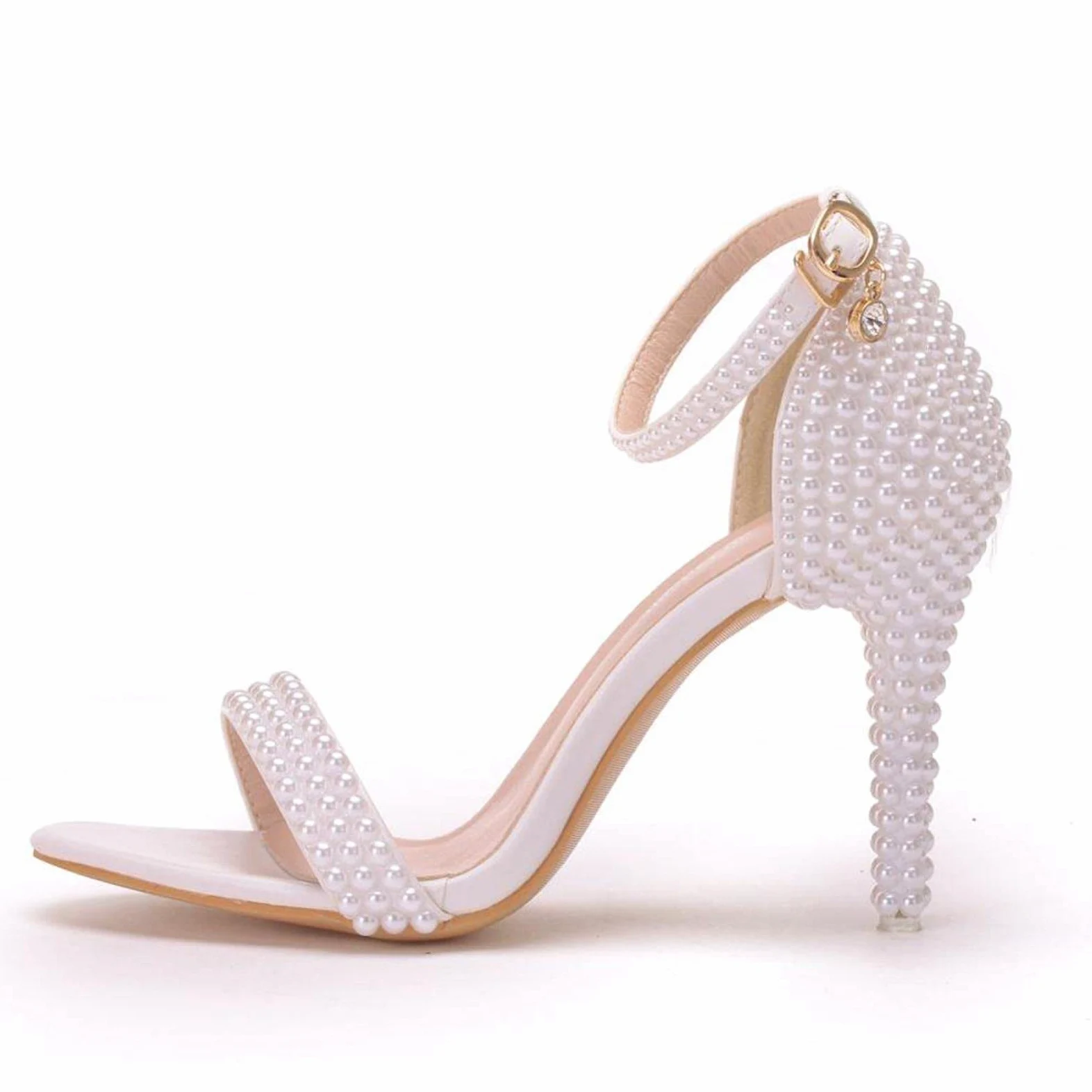 Crystal Reina Novia Zapatos de Boda Moda Zapatos Blancos Mujer Tobillo Correa Vestido de Fiesta Sandalias de Punta Abierta Tacones Altos Bombas Femeninas