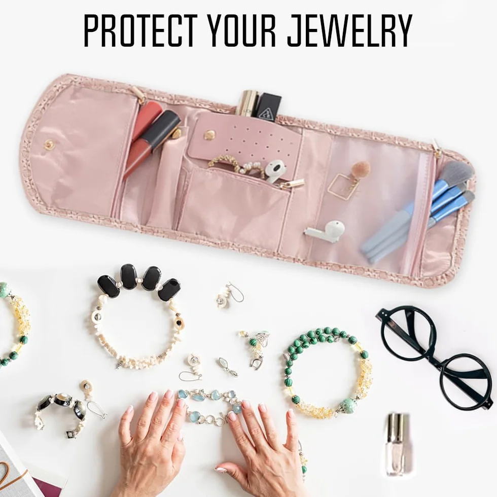 Bolsa de rodillos para joyas, organizador de viaje, piel sintética, almacenamiento para pendientes, rosa