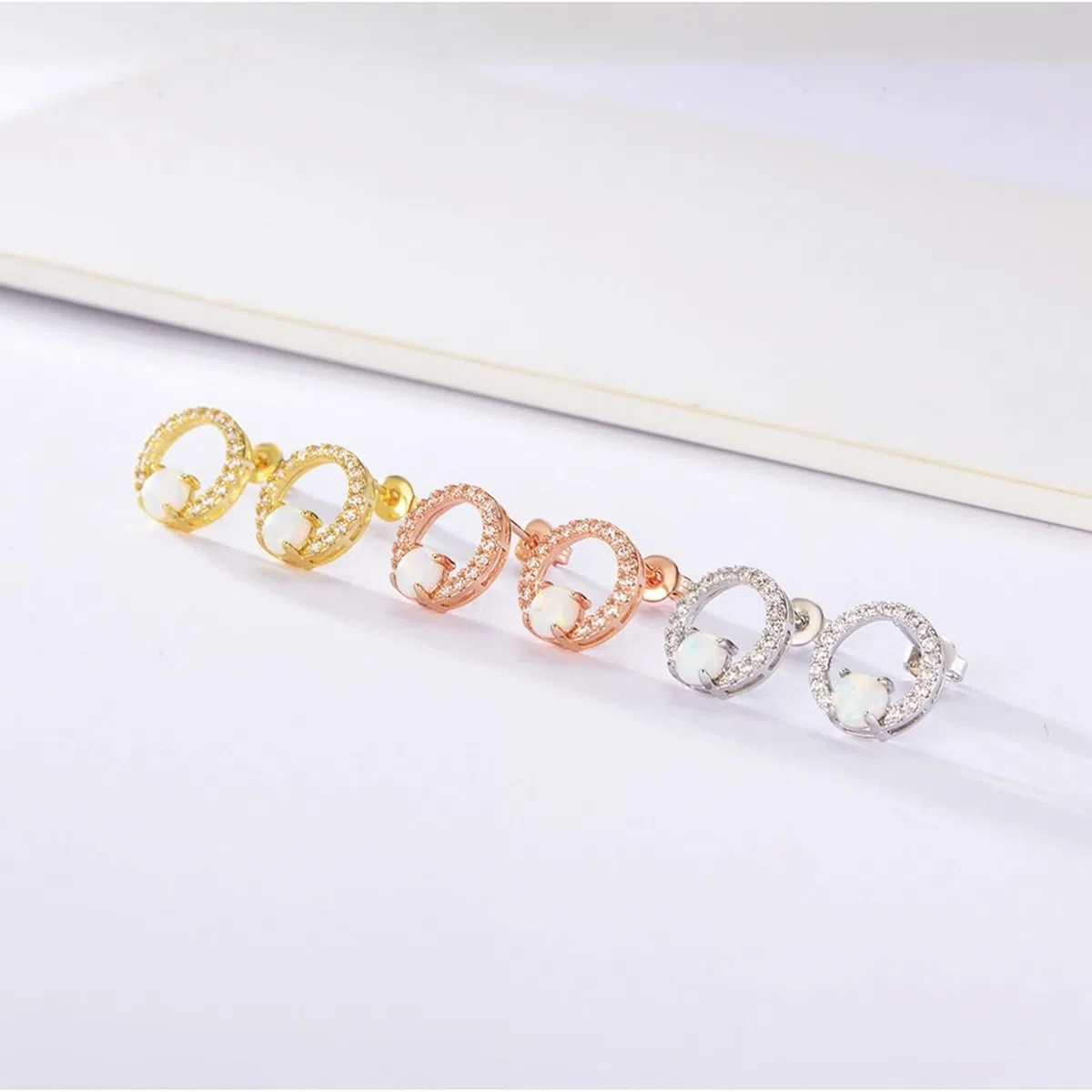 Pendientes de oro blanco de 9 K/14 K/18 K con ópalo multicolor, blanco hueco Au 375/585/750, pendientes de moissanite