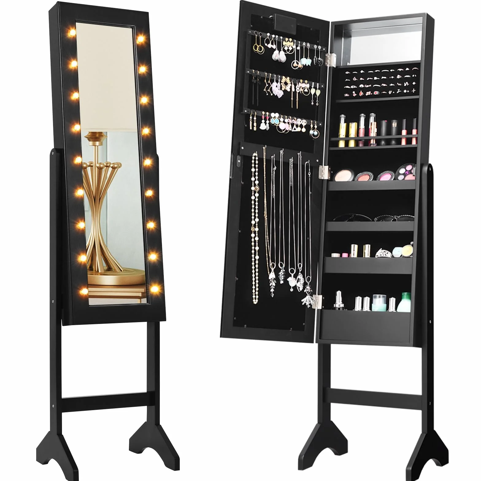 HOMASIS Armario Joyero de Suelo Con Espejo y Luces LED - Contenedor Con Marco para Joyas, Cosméticos - para Cama, Baño (Negro)