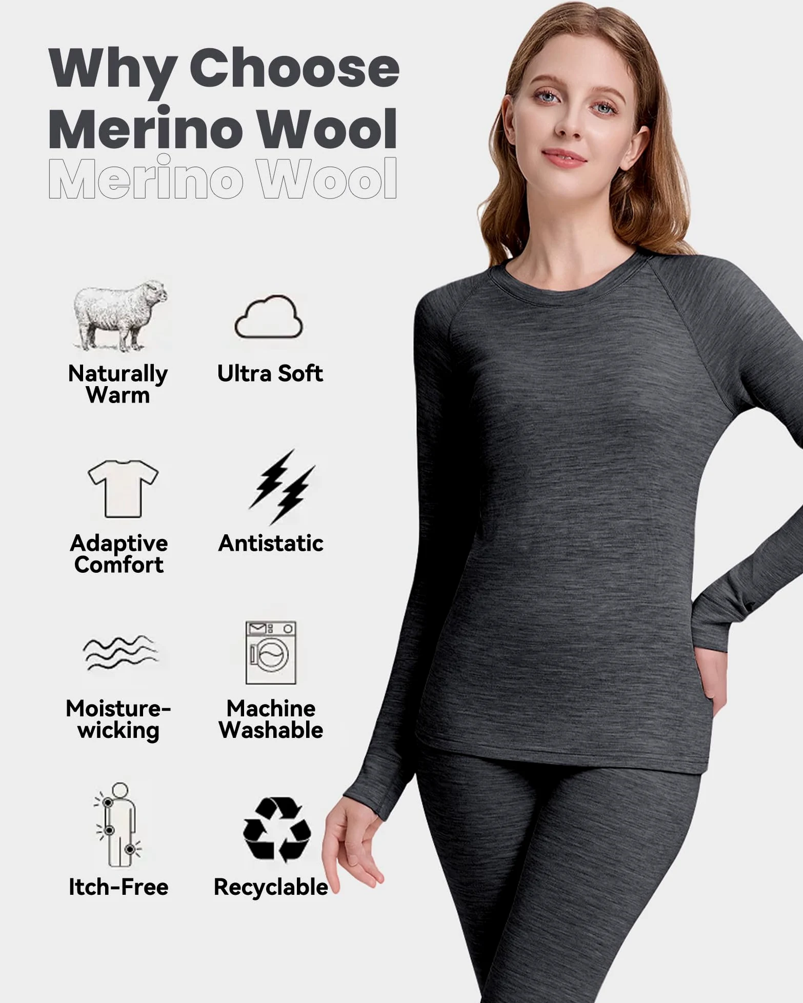 Ropa interior térmica para mujer, 100% lana merino, camiseta de manga larga ligera y transpirable, ideal para esquí, exterior e invierno