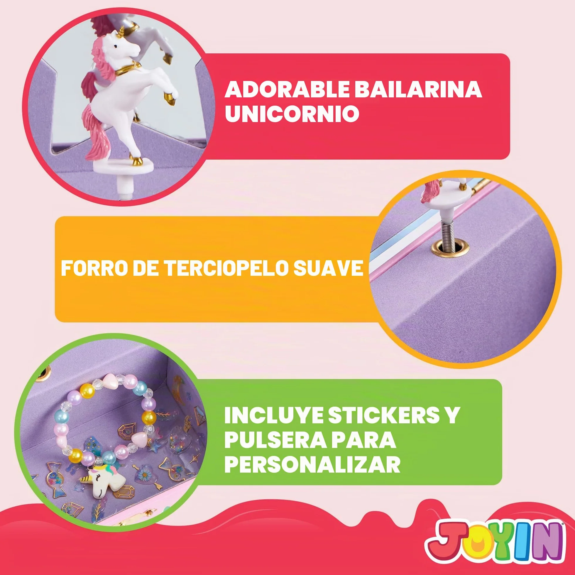 JOYIN Joyero musical de unicornio con espejo estrella, pulsera y calcomanías