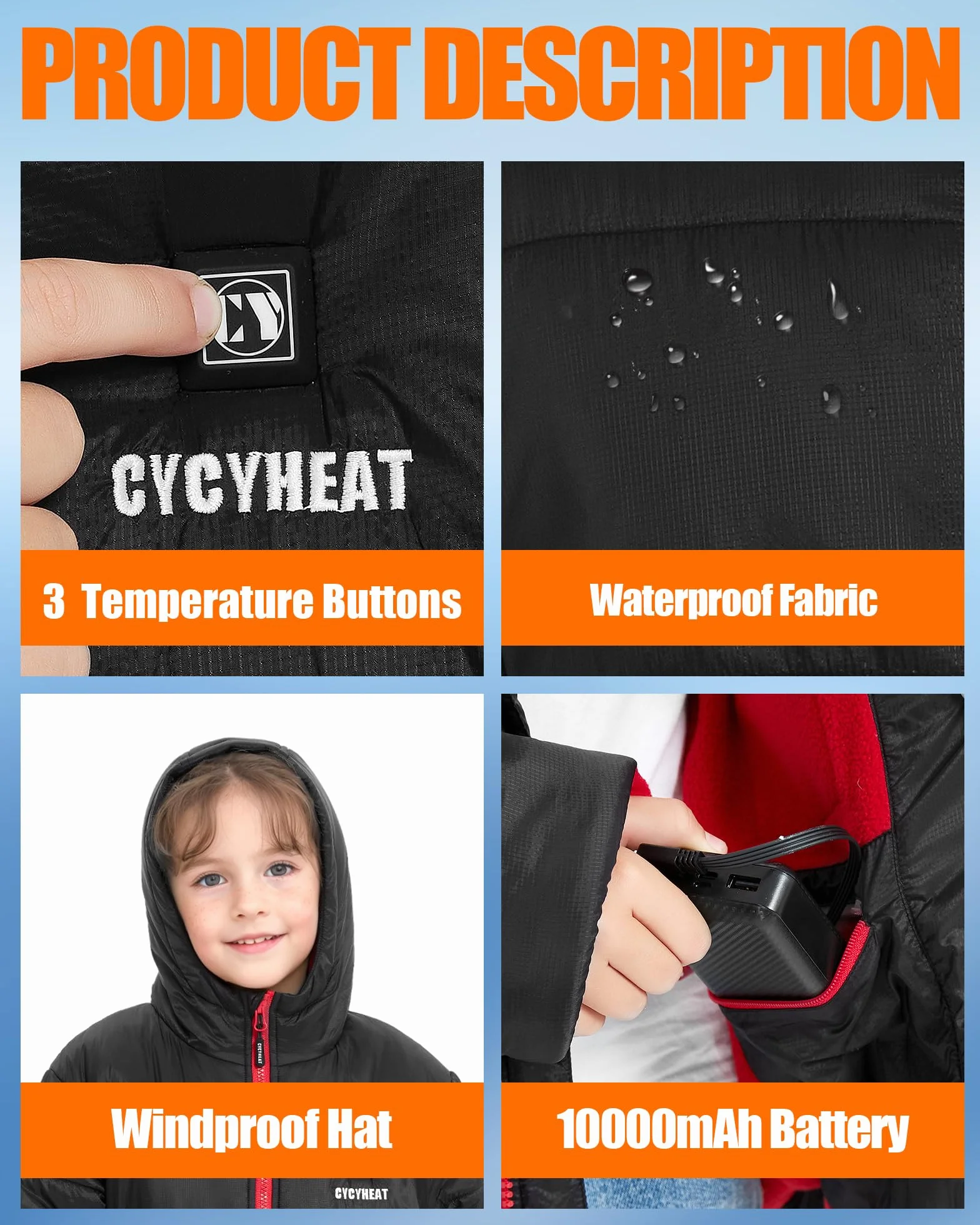 CYCYHEAT Chaqueta térmica para niños y niñas, chaqueta térmica con capucha, calentador de cuerpo con batería, ropa térmica para esquí
