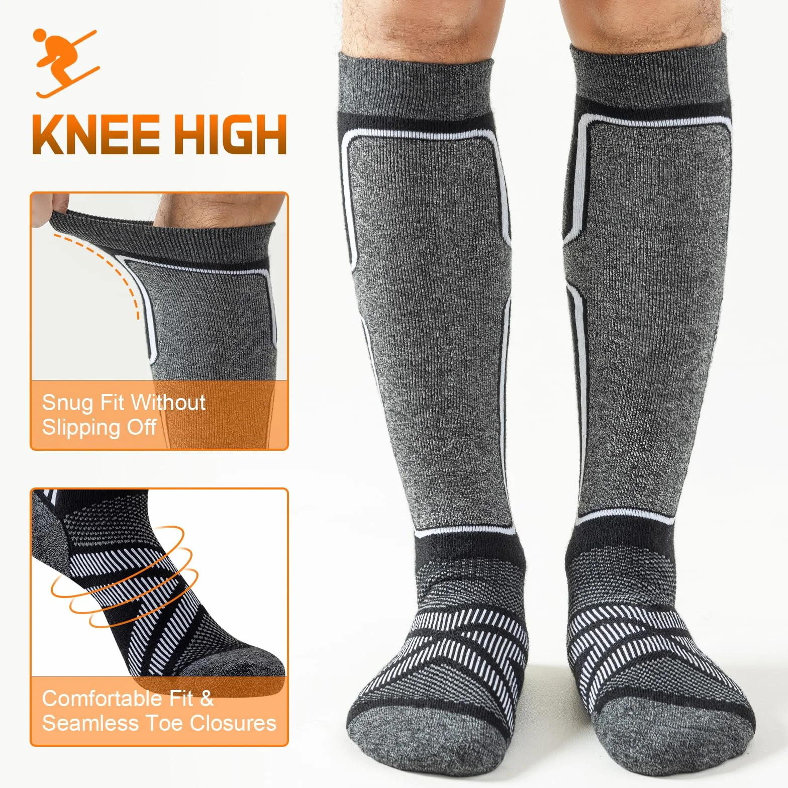 Cirorld Calcetines de esquí de lana merino 2 pares, calcetines térmicos cálidos hasta la rodilla gruesos para invierno, clima frío, nieve, esquí, snowboard, caza, senderismo