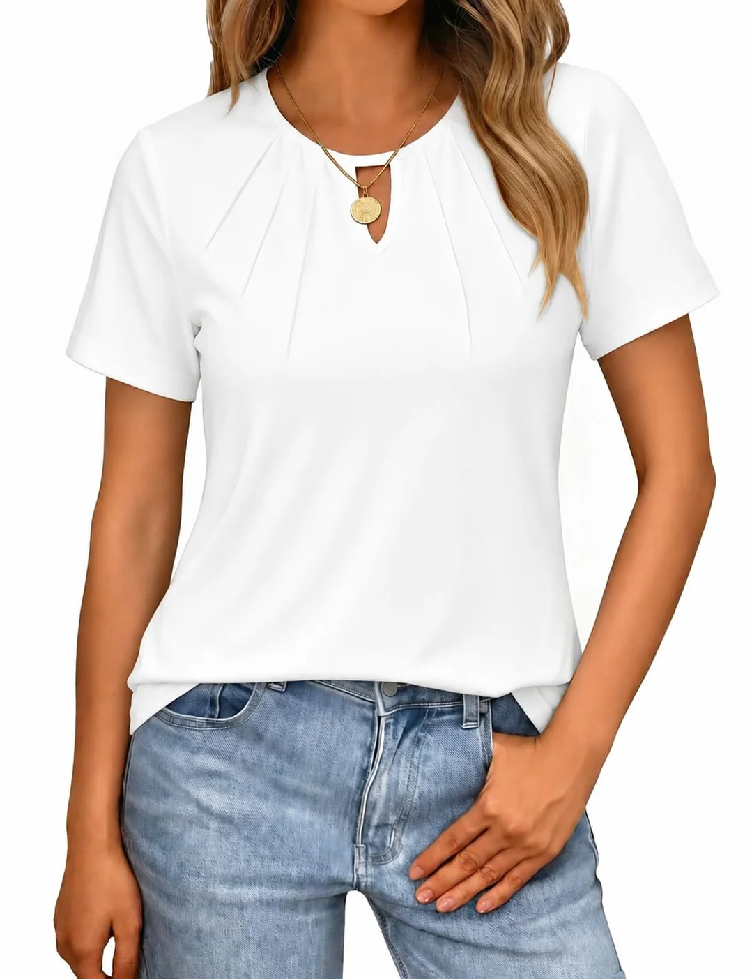 Litherday Camiseta de Mujer de Manga Corta Verano Top con Cuello Redondo y Detalle de Abertura Blusa Casual Elegante para Diario y Oficina