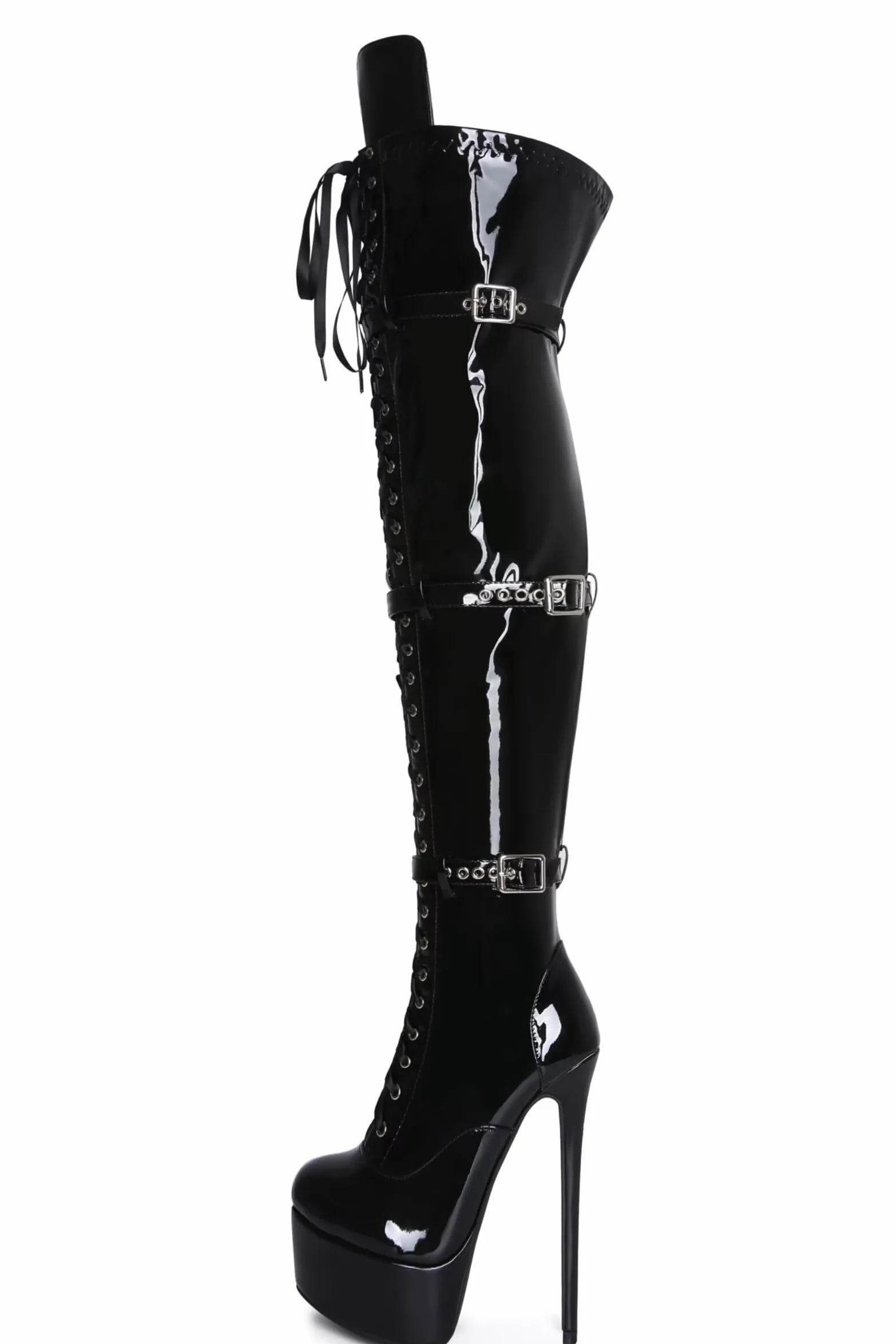 Frankie Hsu Botas largas de tacón alto con plataforma de aguja sexy por encima de la rodilla, cinturón de cinta de charol negro, elástico ajustable, muslo, talla grande, talla grande US5-19, zapatos