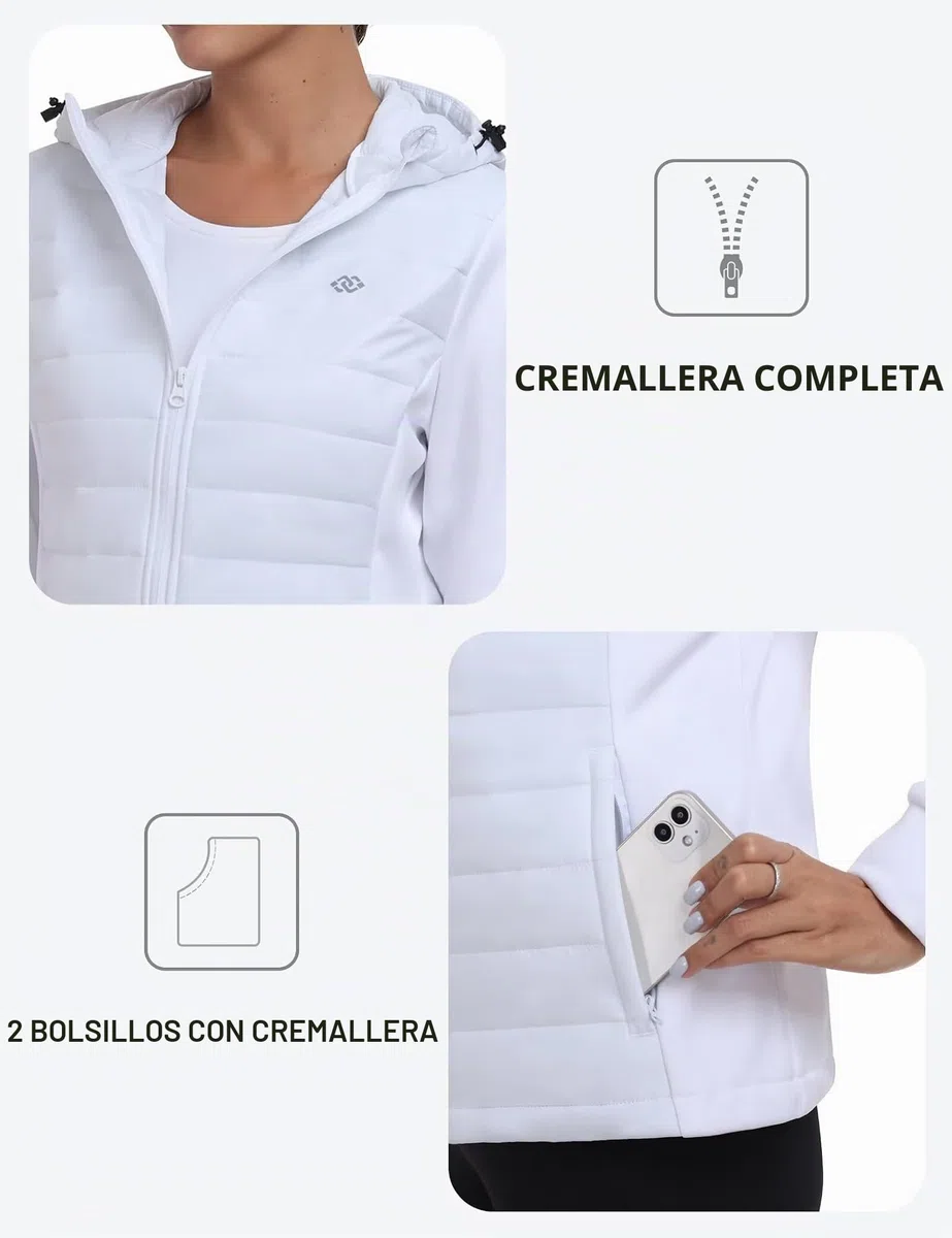 MoFiz Chaqueta Senderismo Aislante Mujer Chaqueta Híbrida Cálida para Correr Chaqueta Deportiva para Exteriores White EU L