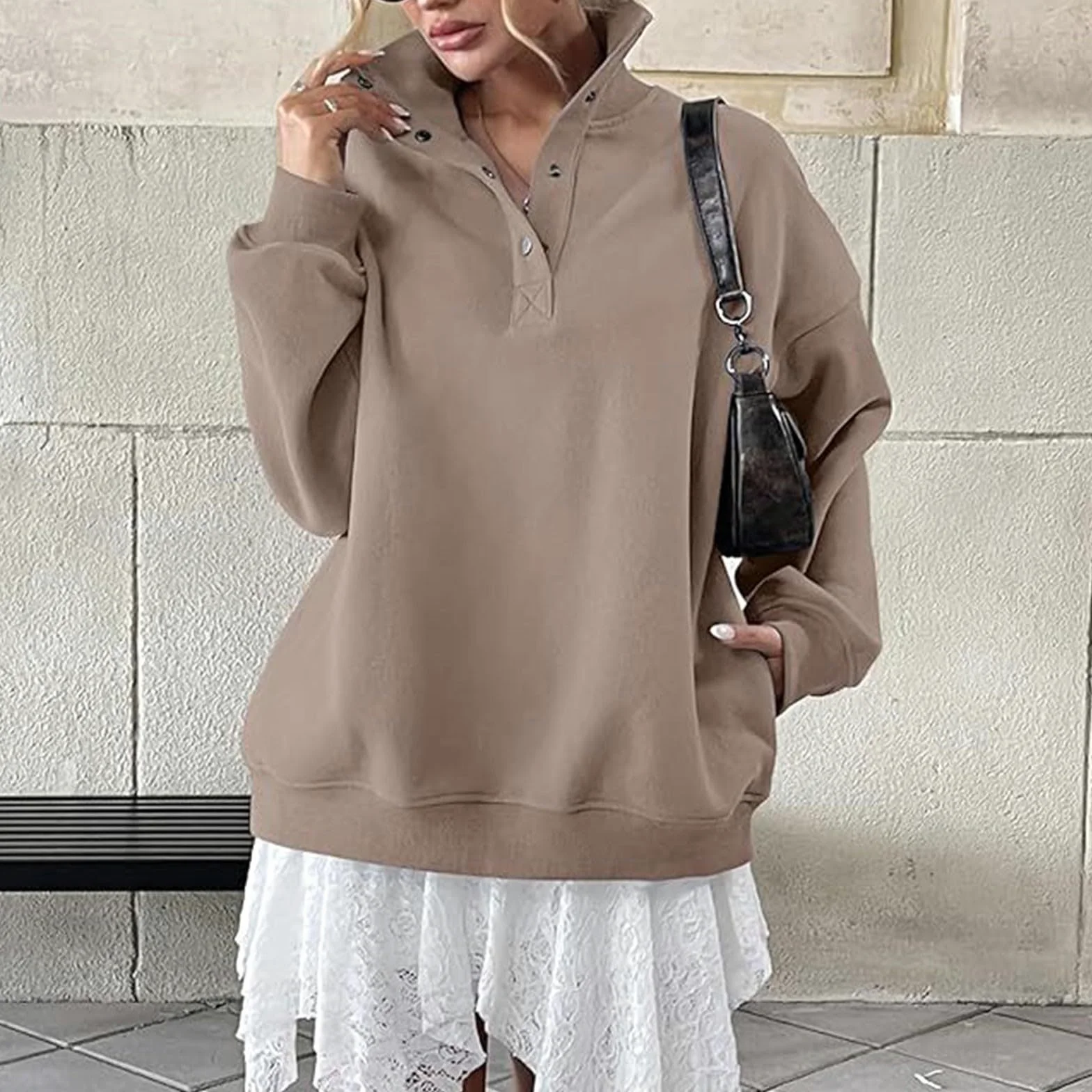 Generico Sudaderas Mujer Sin Capucha Cuello Alto con Botones Manga Larga | Sudadera lisa elegante y ligera, suave y cómoda, ajuste holgado, para llevar todos los días