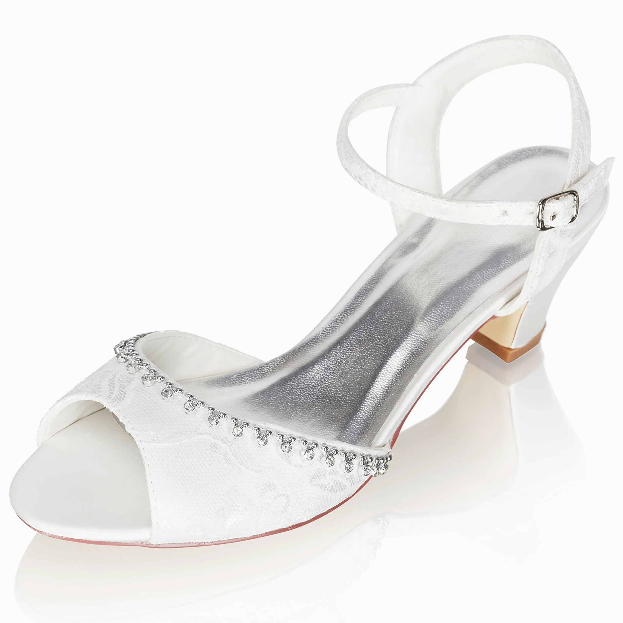 JIAJIA 8964 Zapatos de Novia para Mujer Peep Toe Bloque de 5 cm Tacón bajo Encaje Satén Bombas Sandalias Zapatos de Boda