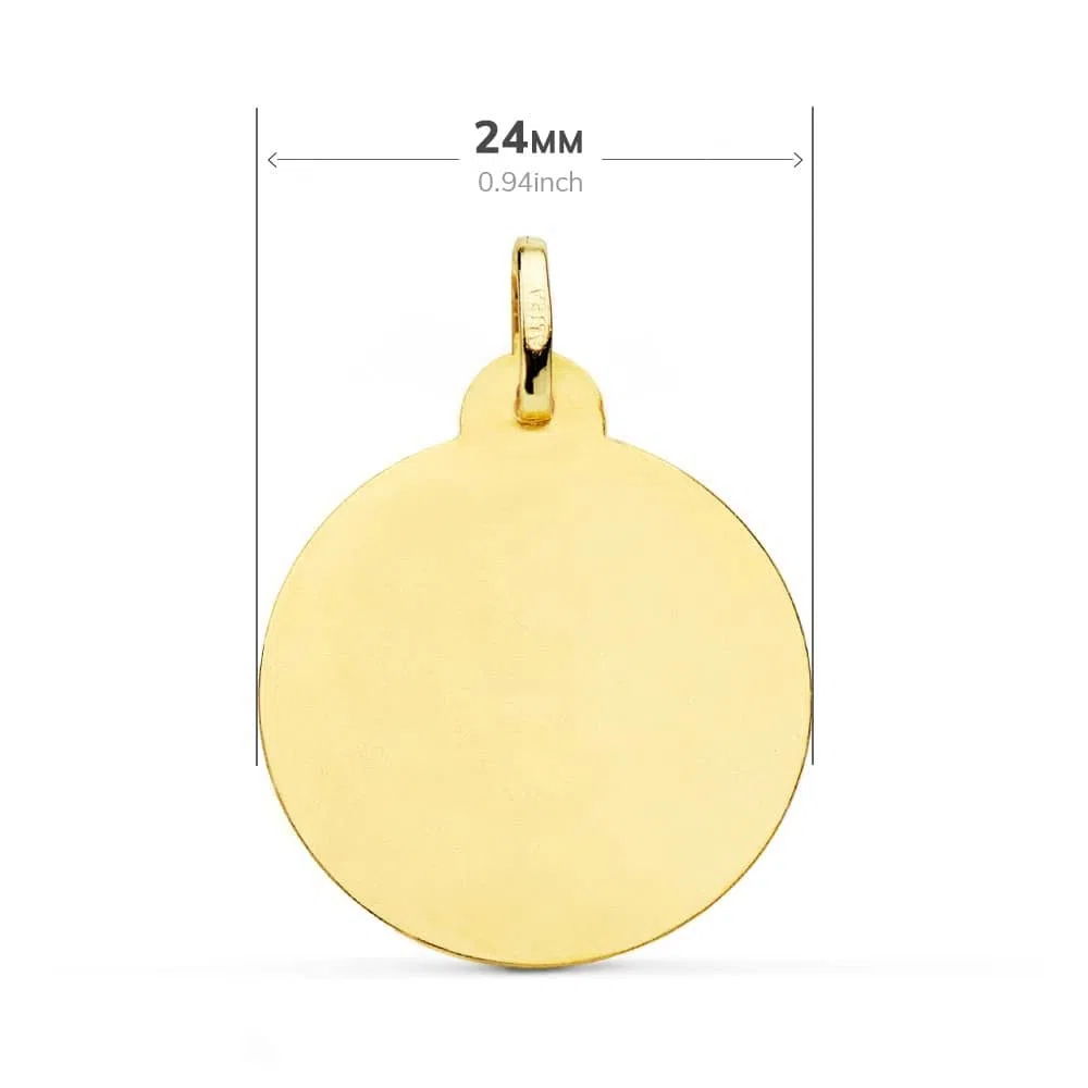 Virgen Niña Medalla Oro 18k Primera Comunión 24mm. borde detalles tallados - Personalizable - GRABACIÓN INCLUIDA EN EL PRECIO