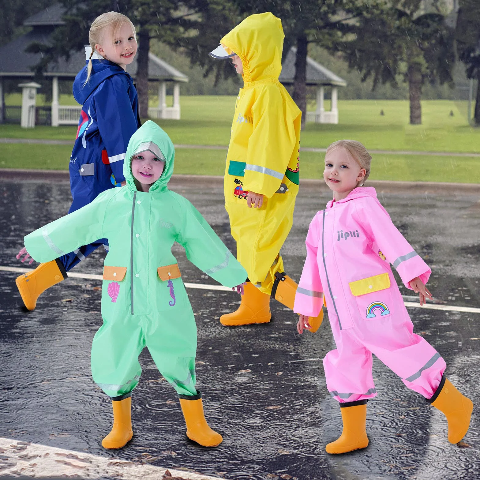 Impermeables Niños Unisex Chubasqueros Chaquetas de Lluvia Poncho Abrigos Traje de Charco Capa Infantil Niñas Encapuchado Mono de Bolsillo Reflectante Impresión Animal 1 2 3 4 5 6 7 8 años