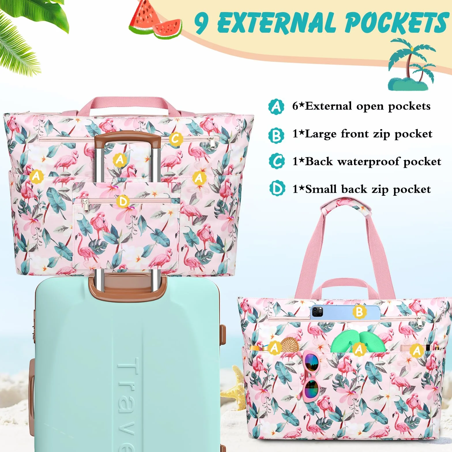 Bolsa Playa Mujer Grande Xxl Familiar Bolsos Playa Con Cremallera Beach Bag Plegable Bolsa Viaje Ligero Tote Bag Mujer Para Playa, Viajes, Picnic. 50L