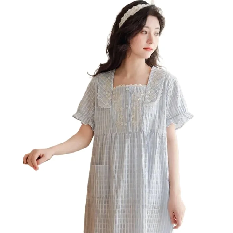 OFFSUM Camisón De Pijama De Mujer - Ropa De Dormir A Cuadros De Algodón Dulce De Verano Bata De Baño De Lencería con Temperamento De Talla Grande con Bordado De Encaje Y Cuello Cuadrado A La Moda