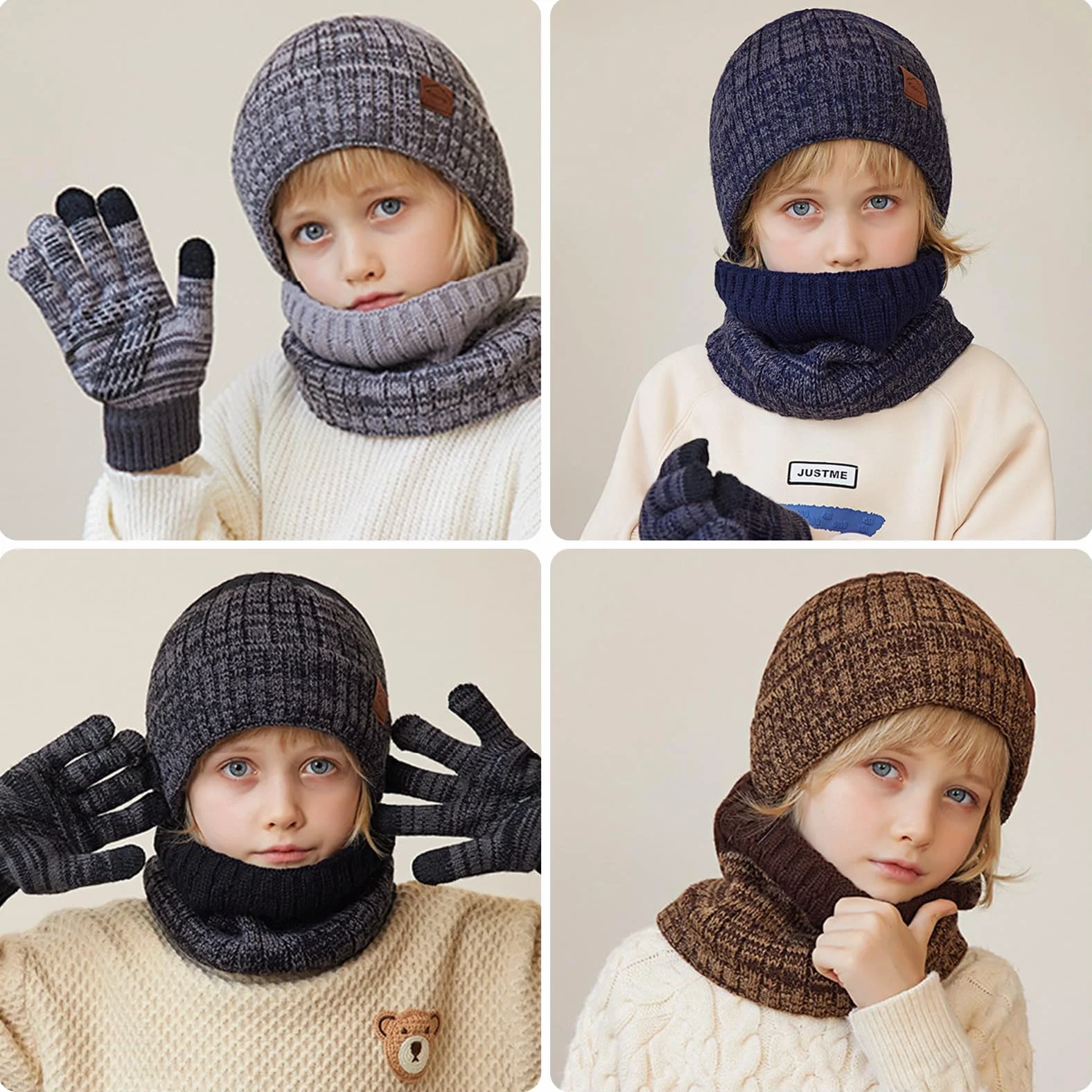 Gorro Invierno Niño Niña Braga Cuello Guantes Térmico Gorro de Punto Braga Cuello Polar Guantes de Pantalla Táctil para Niños Niñas 4 a 10 Años