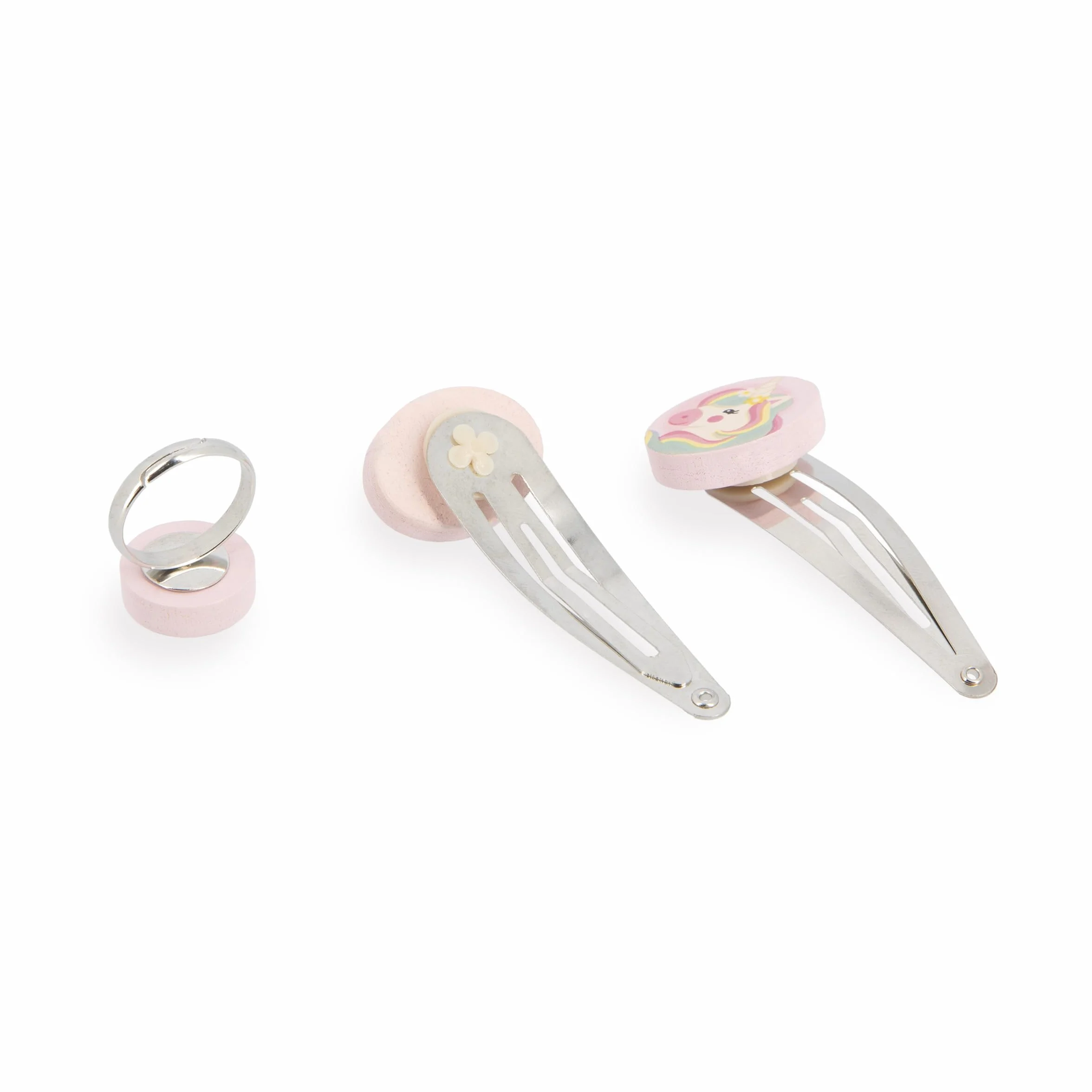 Janod Set de 5 Joyas de Madera Unicornios - Collar, Pulsera, Anillo y 2 Clips - FSC - A Partir de 3 Años