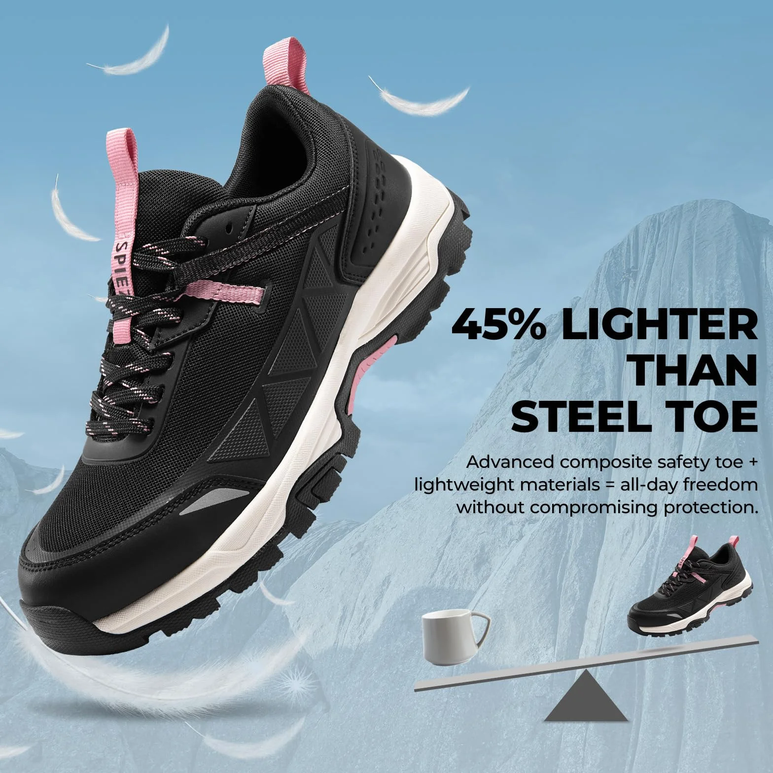 Spiez Zapatos de Seguridad para Mujer Ligeros con Punta Compuesta Transpirable, Negro Rosa EU35-41