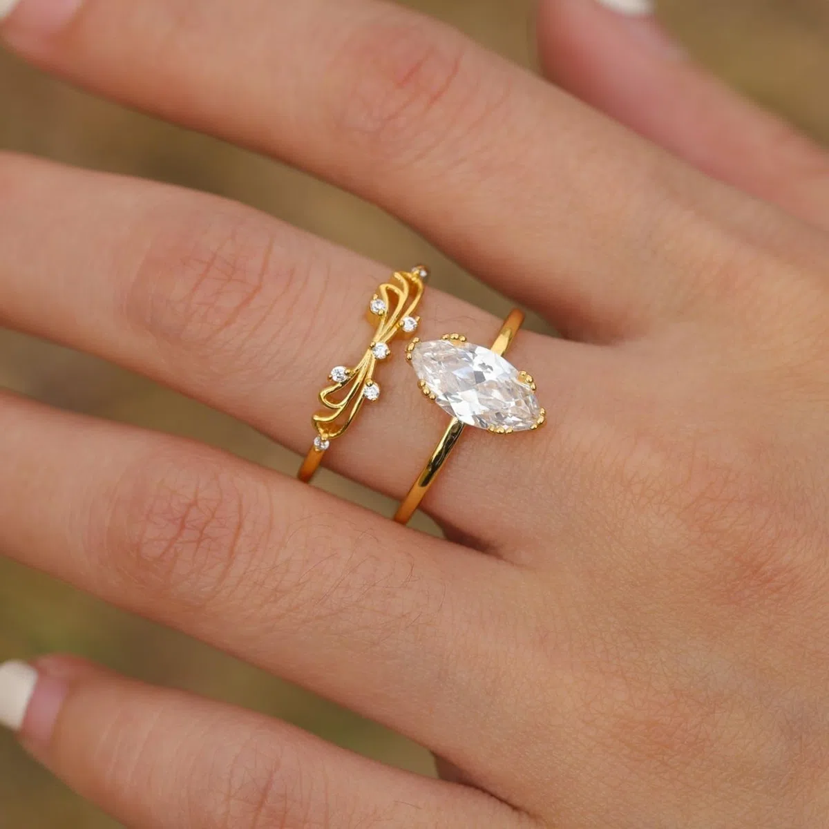 Anillo de mujer de oro, anillo de compromiso de oro blanco, juego de 2 unidades, con moissanite de 2 quilates, apilable, oro real
